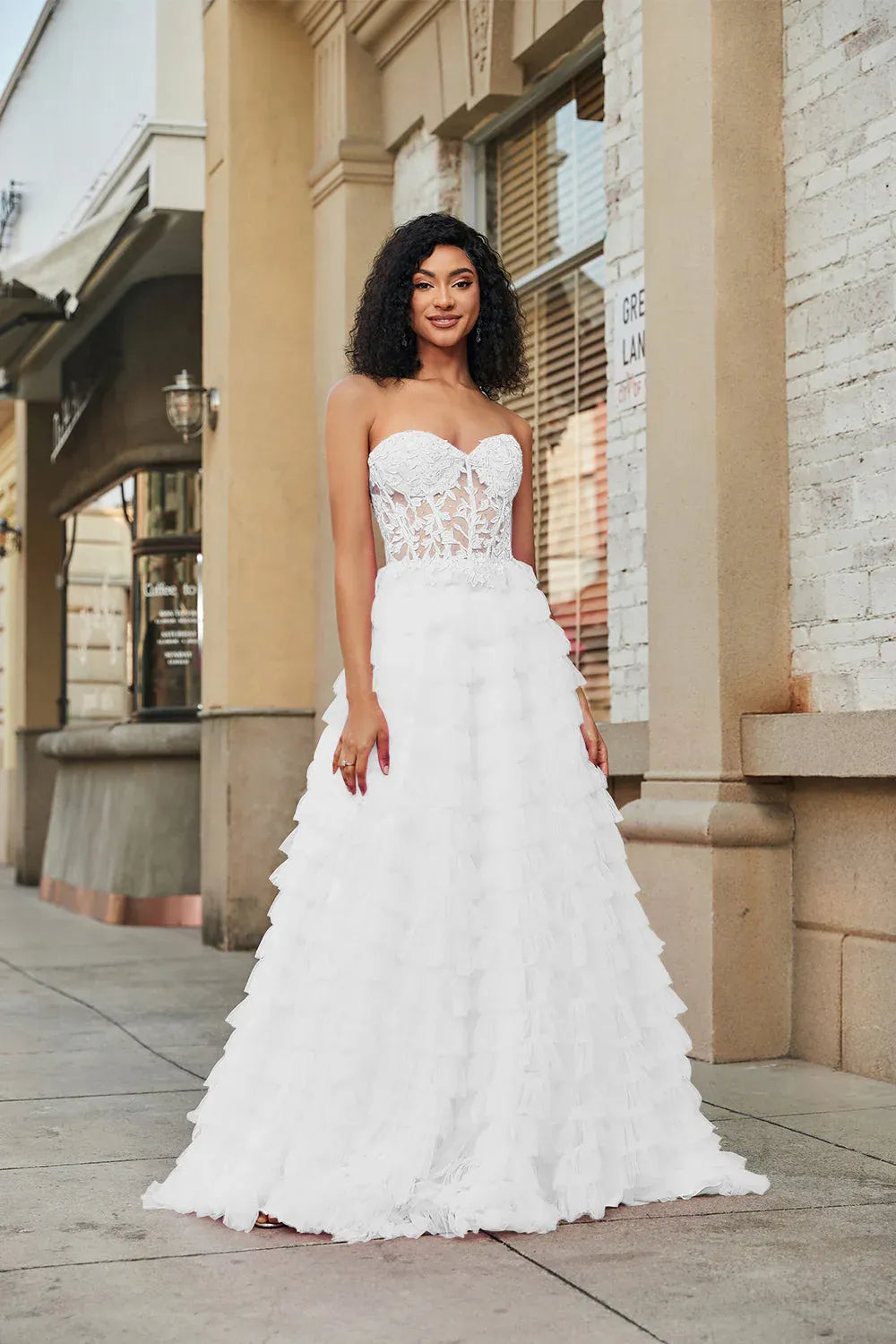 Strapless Sweetheart Lace Corset Tiered Tulle A-Line Wedding Dress