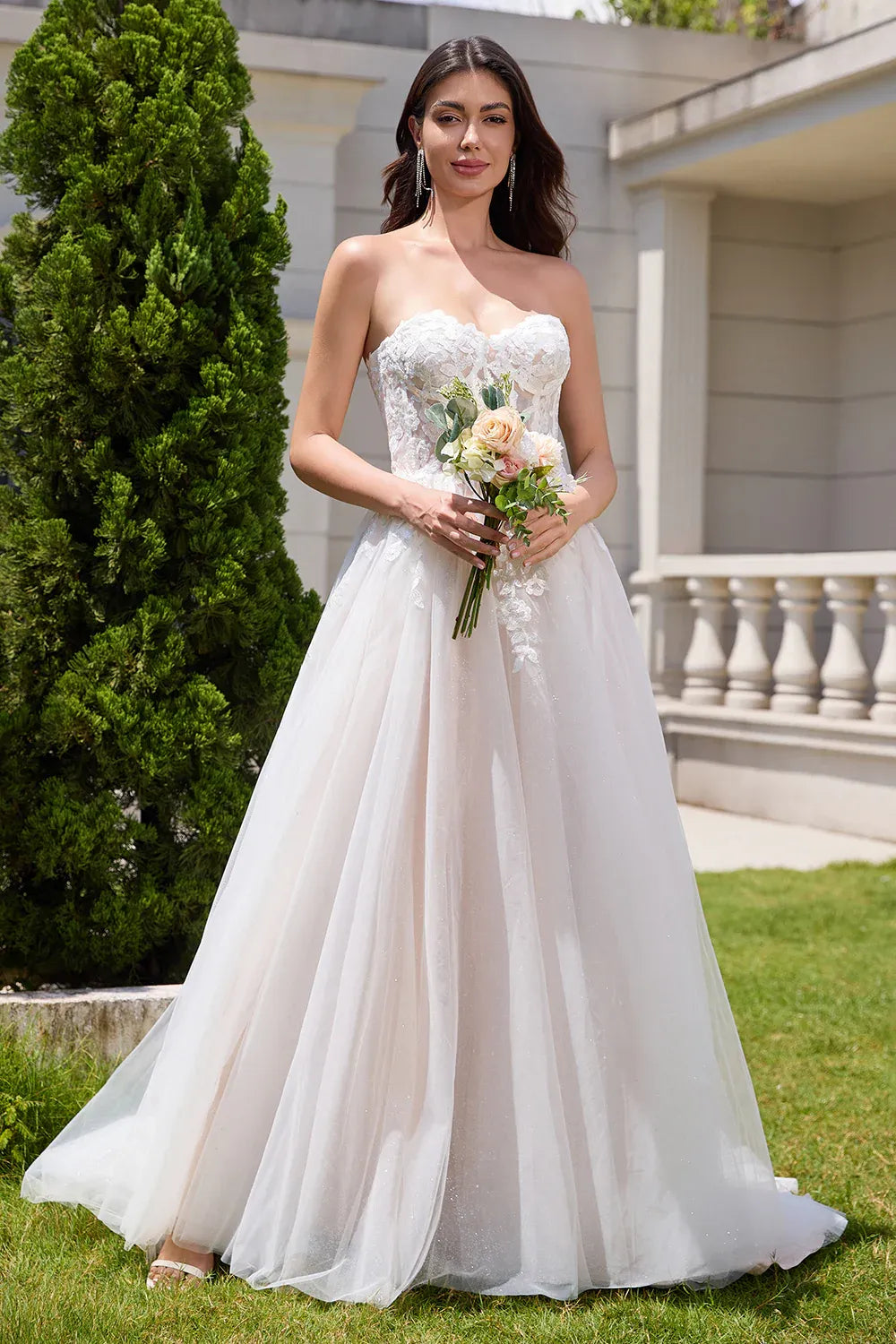 Strapless Sweetheart Lace Glitter Tulle A-Line Wedding Dress with Corset Back - Romantic Bridal Gown