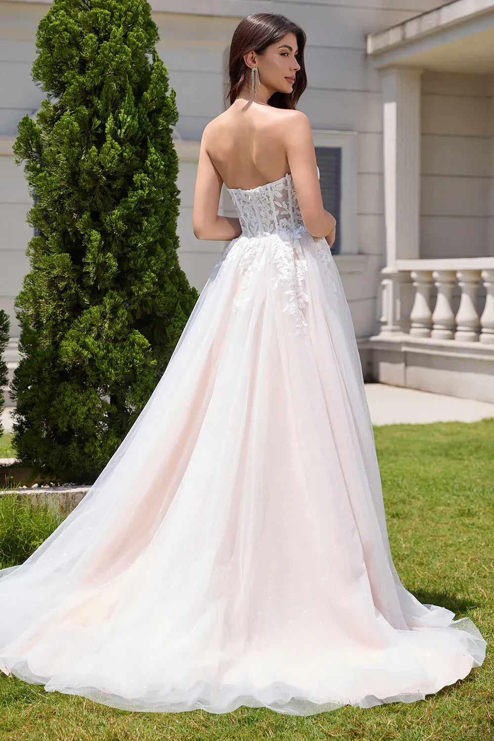Strapless Sweetheart Lace Glitter Tulle A-Line Wedding Dress with Corset Back - Romantic Bridal Gown