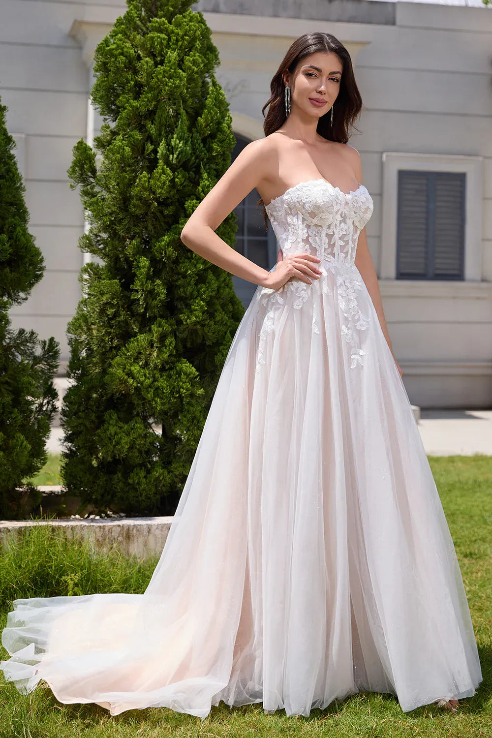 Strapless Sweetheart Lace Glitter Tulle A-Line Wedding Dress with Corset Back - Romantic Bridal Gown