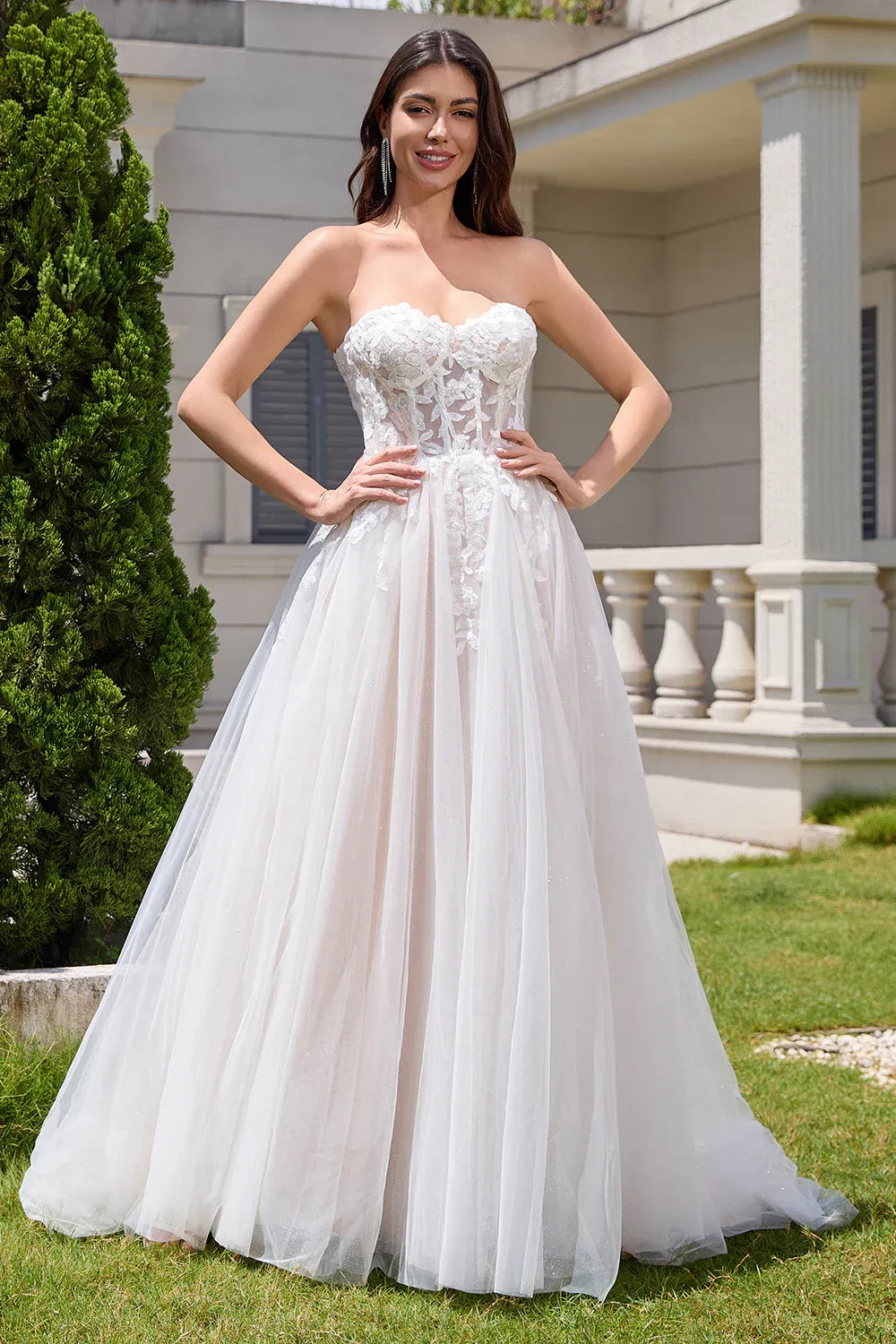 Strapless Sweetheart Lace Glitter Tulle A-Line Wedding Dress with Corset Back - Romantic Bridal Gown