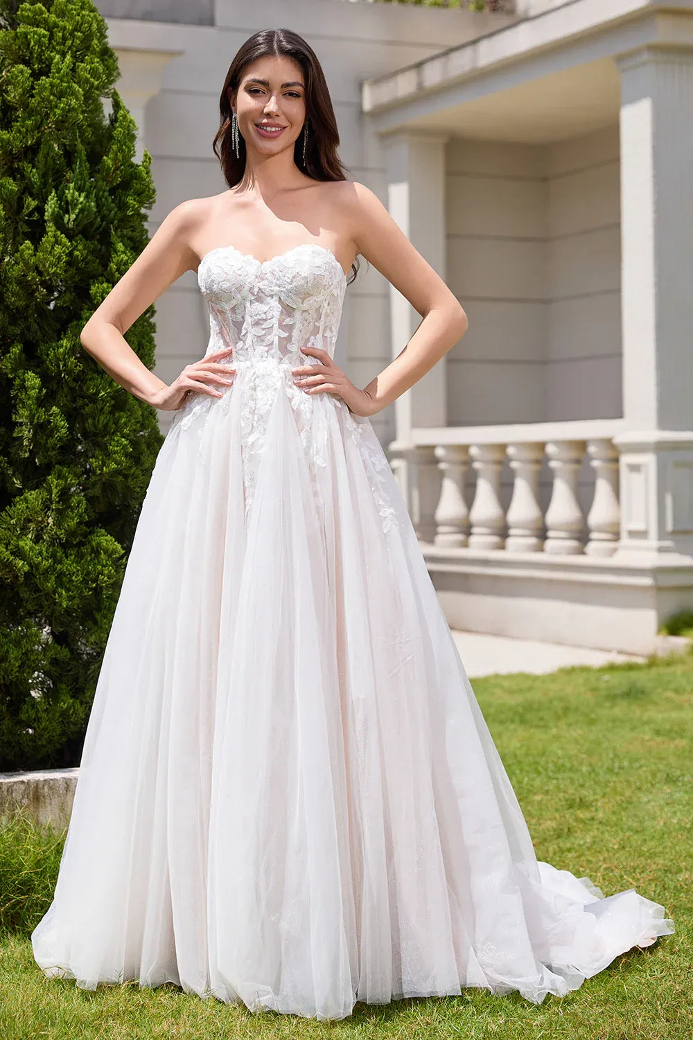 Strapless Sweetheart Lace Glitter Tulle A-Line Wedding Dress with Corset Back - Romantic Bridal Gown