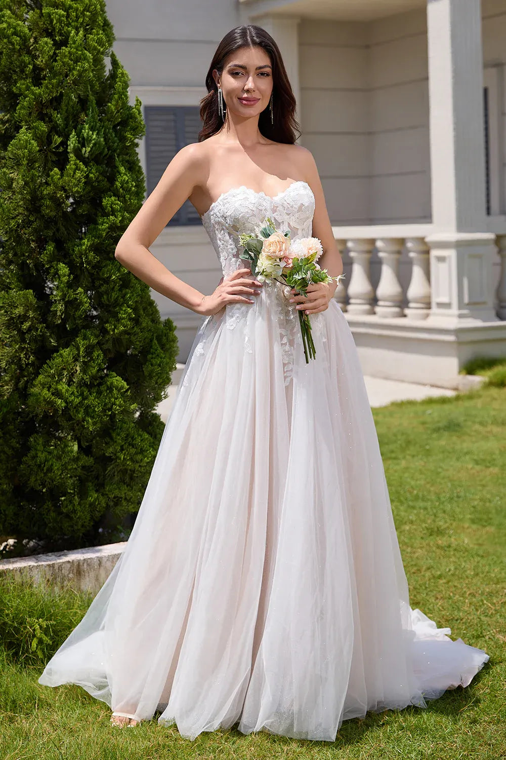 Strapless Sweetheart Lace Glitter Tulle A-Line Wedding Dress with Corset Back - Romantic Bridal Gown