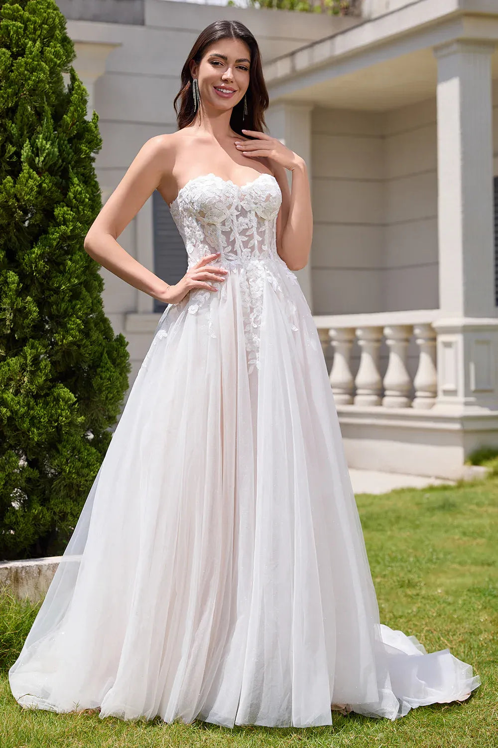 Strapless Sweetheart Lace Glitter Tulle A-Line Wedding Dress with Corset Back - Romantic Bridal Gown