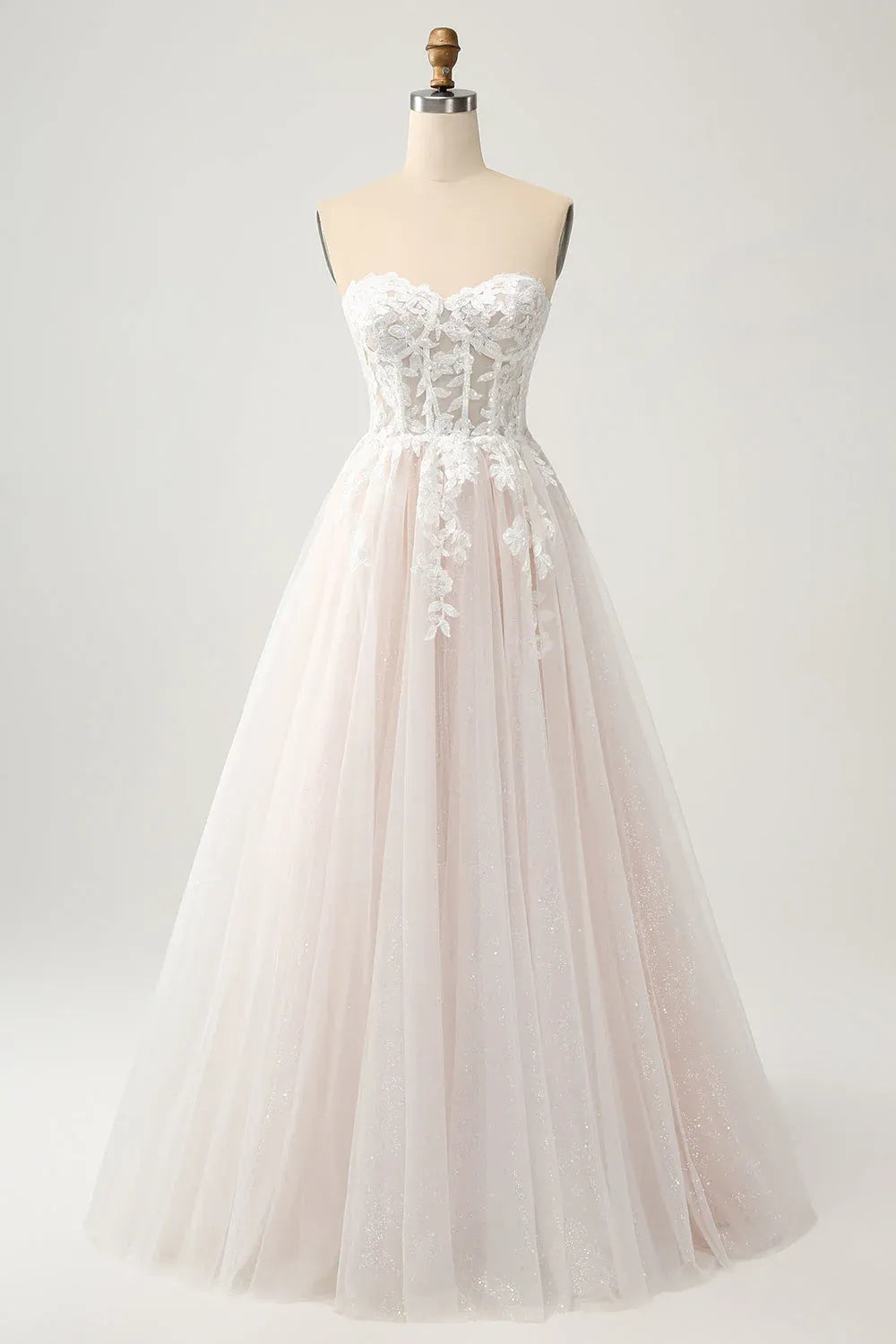 Strapless Sweetheart Lace Glitter Tulle A-Line Wedding Dress with Corset Back - Romantic Bridal Gown