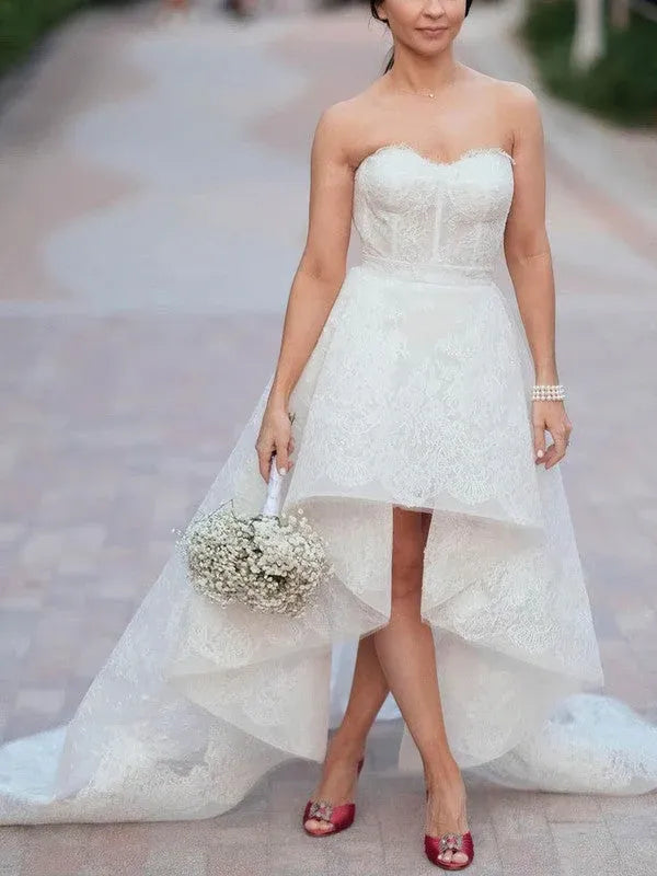 Strapless Sweetheart Lace High-Low Wedding Dress with Train - Modern Romantic Bridal Gown