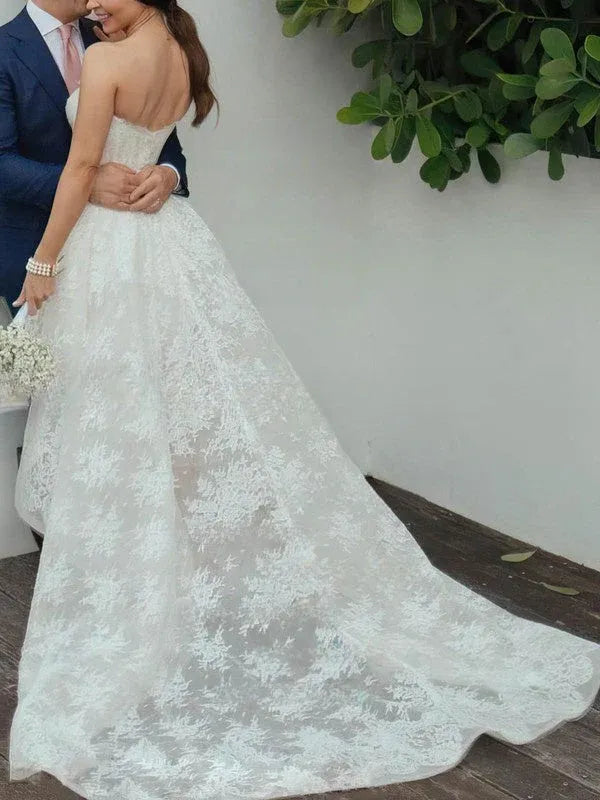 Strapless Sweetheart Lace High-Low Wedding Dress with Train - Modern Romantic Bridal Gown