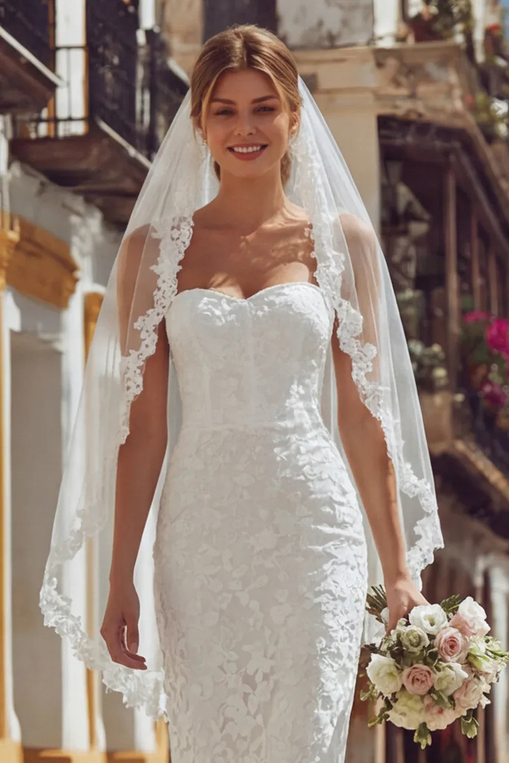 Strapless Sweetheart Lace Mermaid Wedding Dress with Lace Straps - Romantic Bridal Gown
