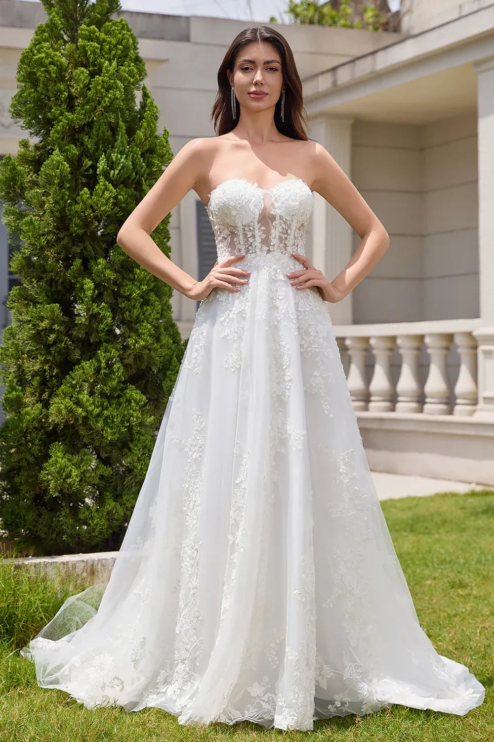 Strapless Sweetheart Lace Tulle A-Line Wedding Dress with Convertible Off-the-Shoulder Sleeves - Romantic Bridal Gown
