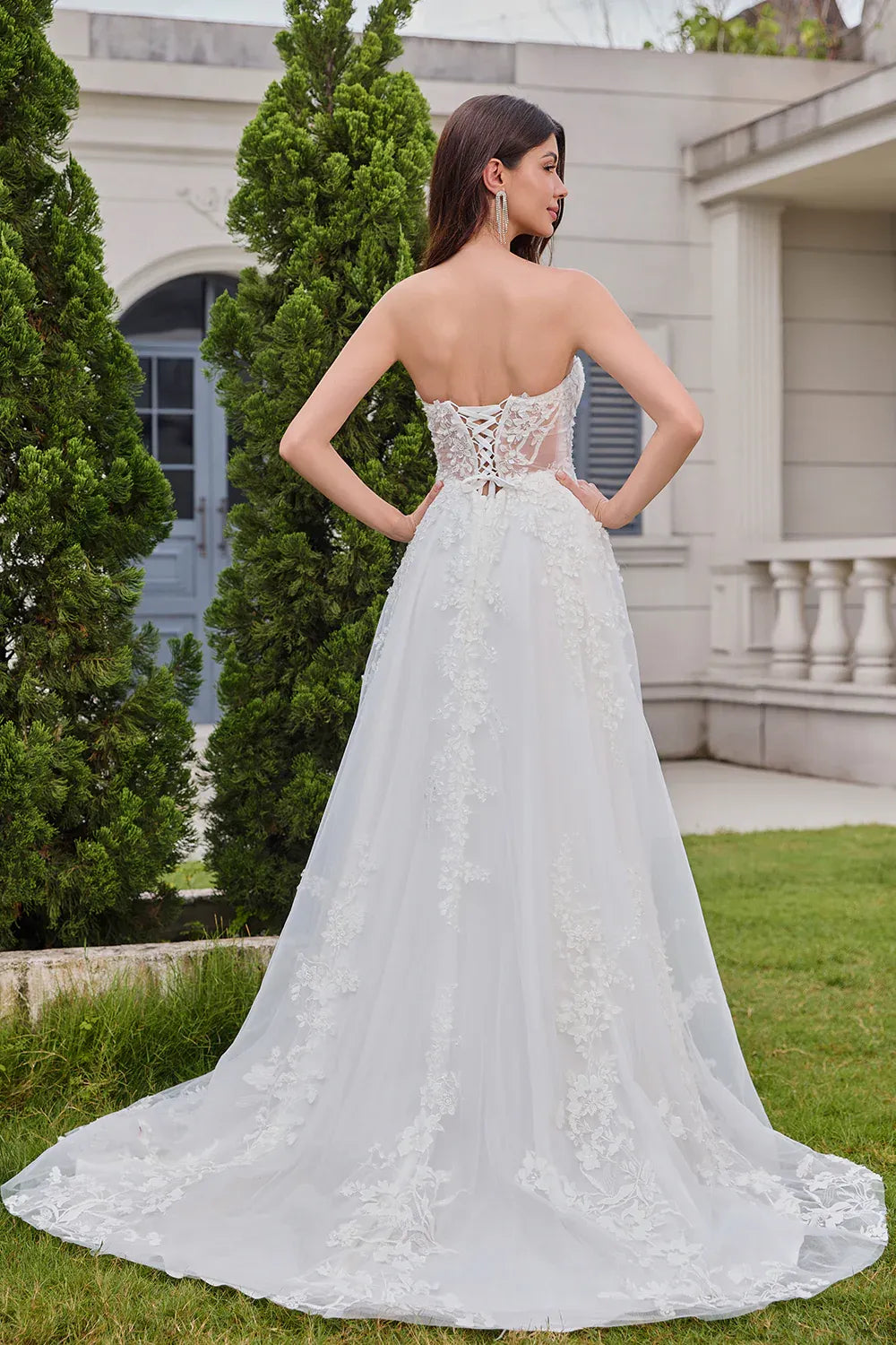 Strapless Sweetheart Lace Tulle A-Line Wedding Dress with Convertible Off-the-Shoulder Sleeves - Romantic Bridal Gown