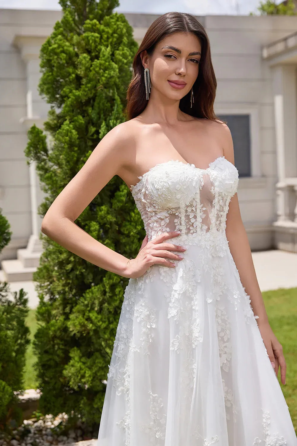 Strapless Sweetheart Lace Tulle A-Line Wedding Dress with Convertible Off-the-Shoulder Sleeves - Romantic Bridal Gown