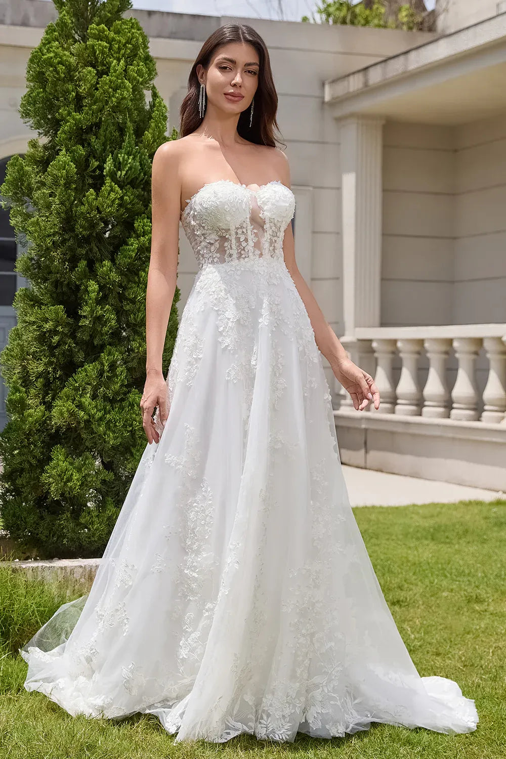 Strapless Sweetheart Lace Tulle A-Line Wedding Dress with Convertible Off-the-Shoulder Sleeves - Romantic Bridal Gown