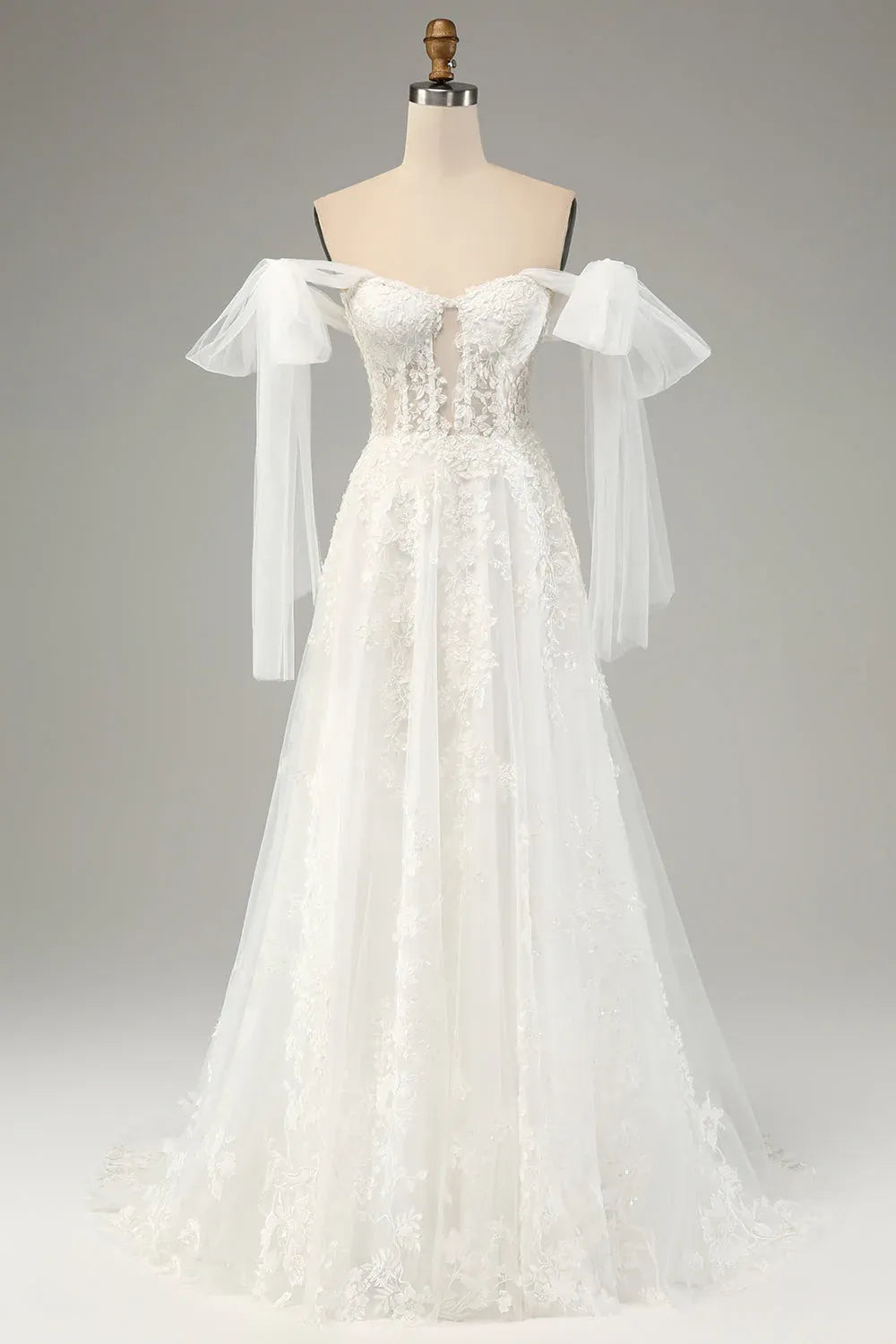 Strapless Sweetheart Lace Tulle A-Line Wedding Dress with Convertible Off-the-Shoulder Sleeves - Romantic Bridal Gown