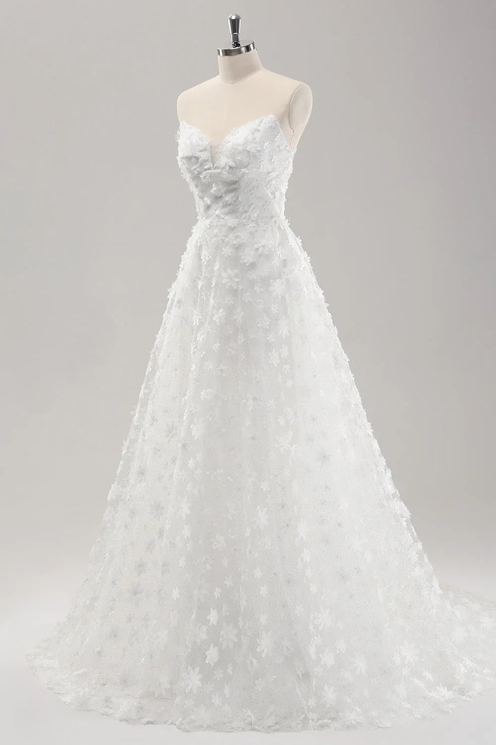 Strapless Sweetheart Neck 3D Floral Tulle A-Line Wedding Dress