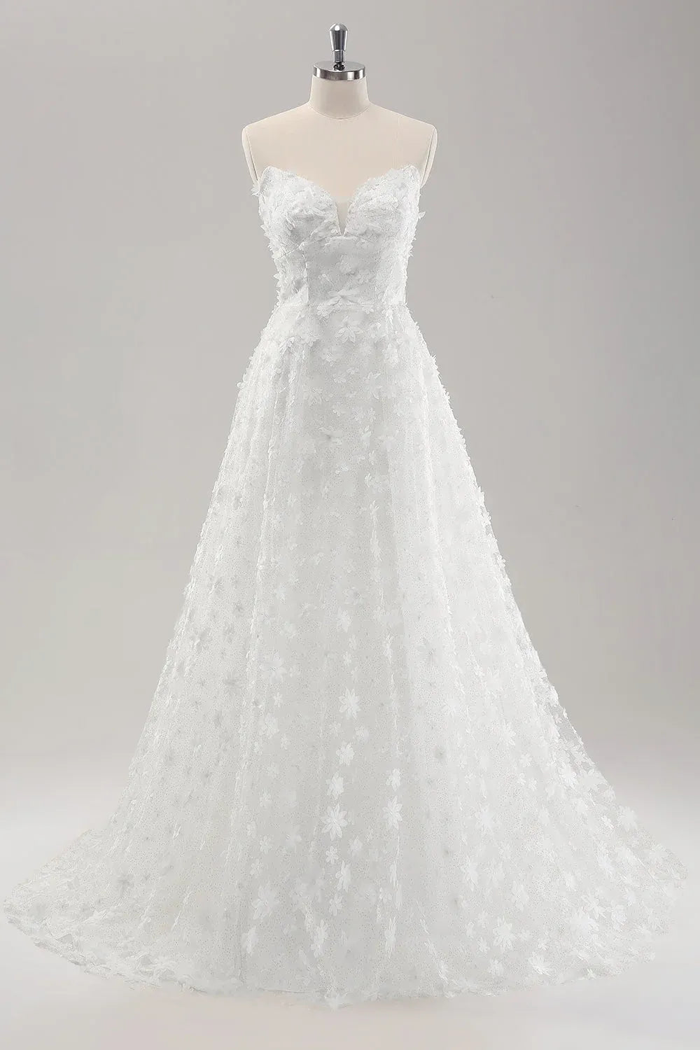 Strapless Sweetheart Neck 3D Floral Tulle A-Line Wedding Dress