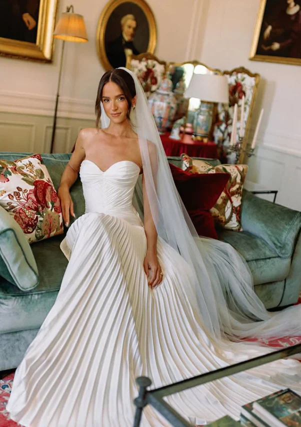 Strapless Sweetheart Ruched Pleated Satin Wedding Dress with Sheer Cape Veil