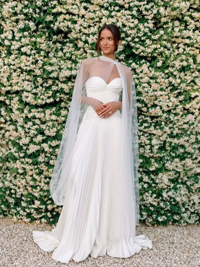 Strapless Sweetheart Ruched Pleated Satin Wedding Dress with Sheer Cape Veil