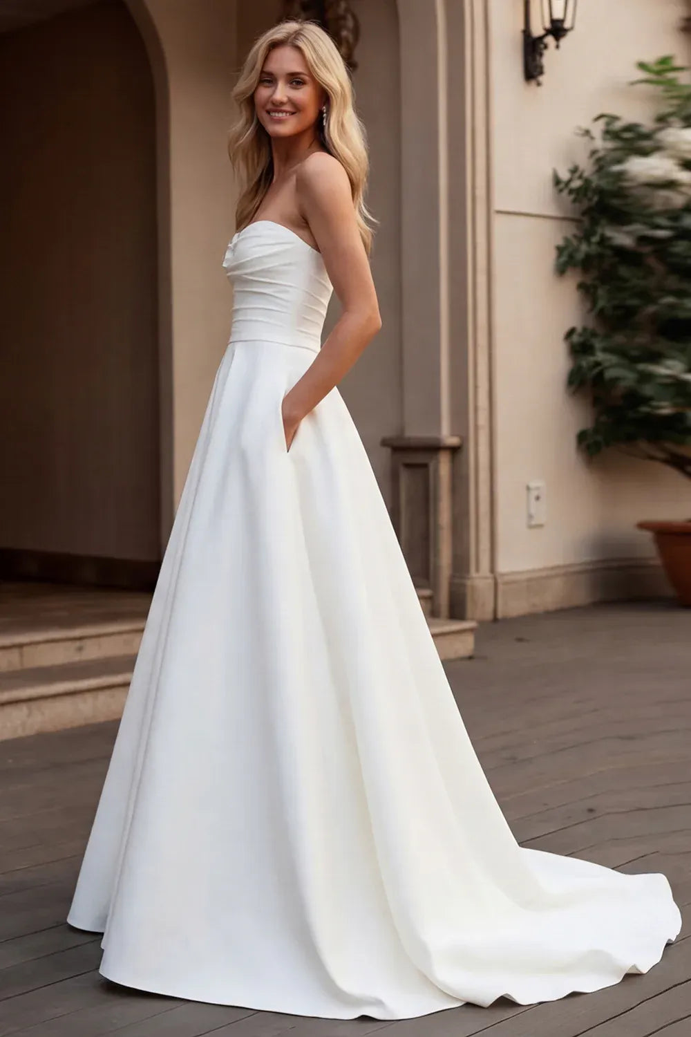Strapless Sweetheart Satin A-Line Wedding Dress with Pockets - Modern Minimalist Bridal Gown