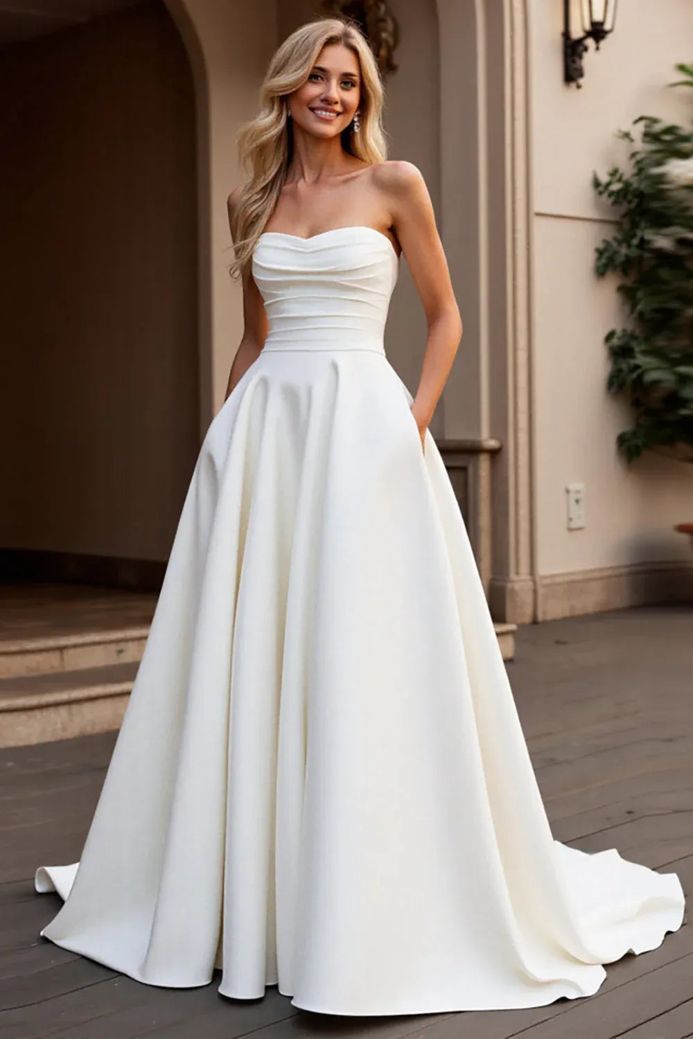 Strapless Sweetheart Satin A-Line Wedding Dress with Pockets - Modern Minimalist Bridal Gown