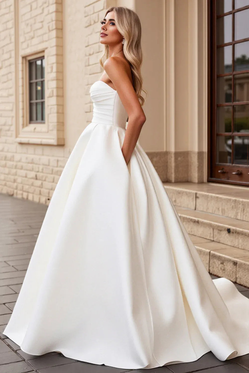 Strapless Sweetheart Satin A-Line Wedding Dress with Pockets - Modern Minimalist Bridal Gown
