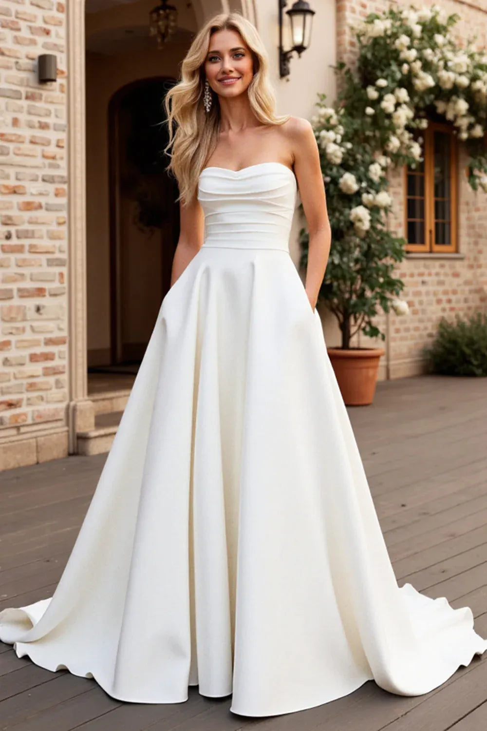 Strapless Sweetheart Satin A-Line Wedding Dress with Pockets - Modern Minimalist Bridal Gown