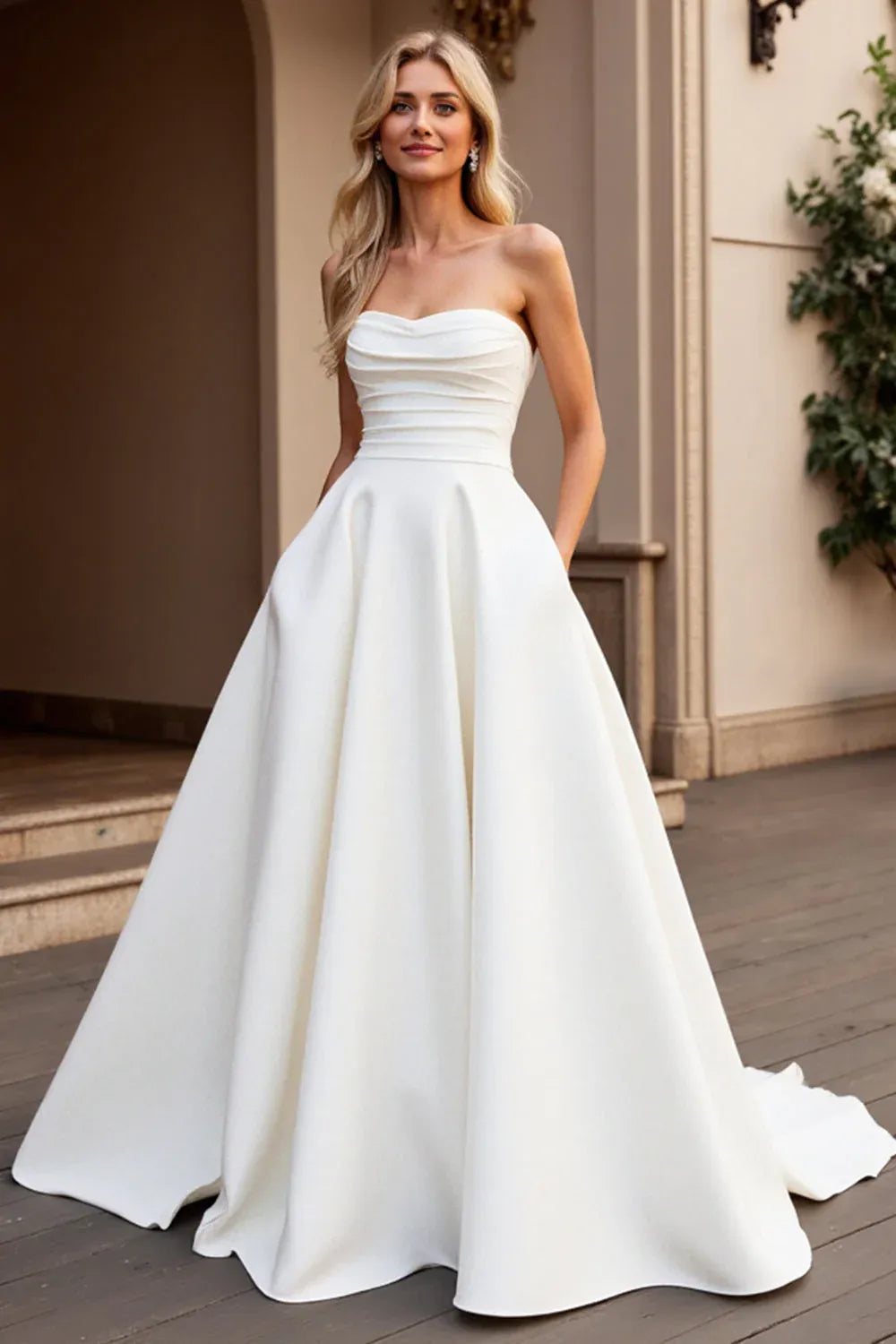 Strapless Sweetheart Satin A-Line Wedding Dress with Pockets - Modern Minimalist Bridal Gown