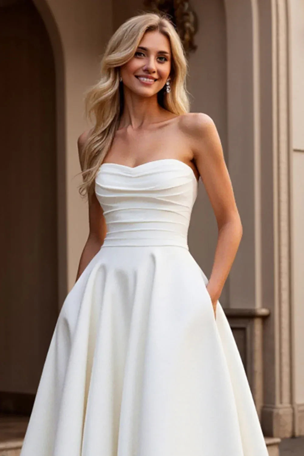 Strapless Sweetheart Satin A-Line Wedding Dress with Pockets - Modern Minimalist Bridal Gown