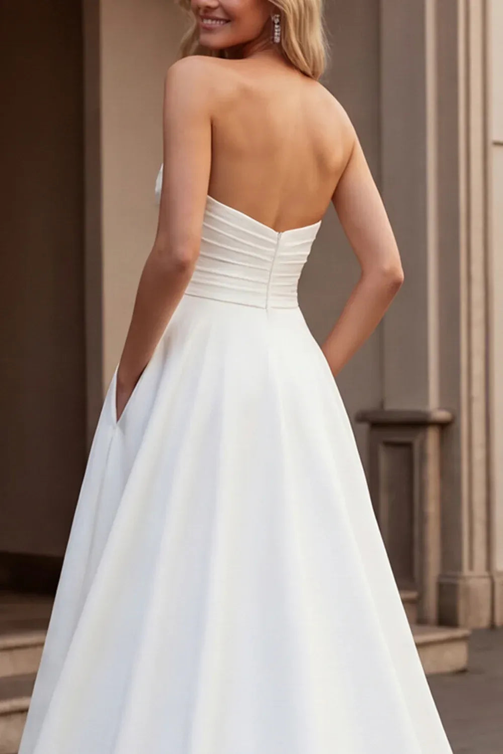 Strapless Sweetheart Satin A-Line Wedding Dress with Pockets - Modern Minimalist Bridal Gown