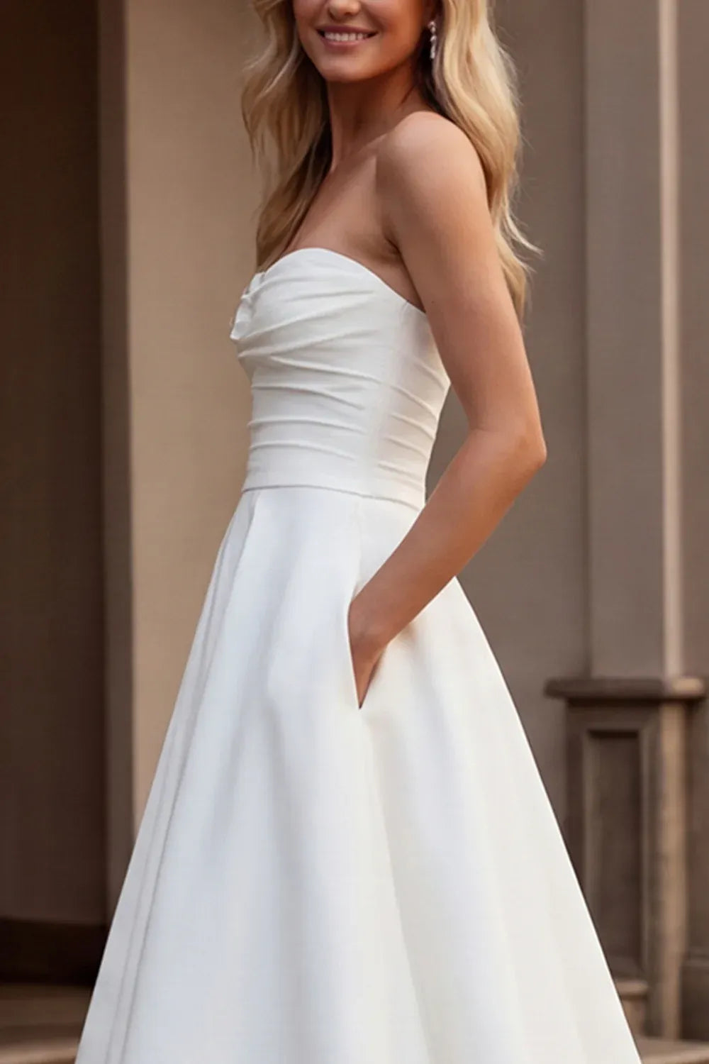 Strapless Sweetheart Satin A-Line Wedding Dress with Pockets - Modern Minimalist Bridal Gown
