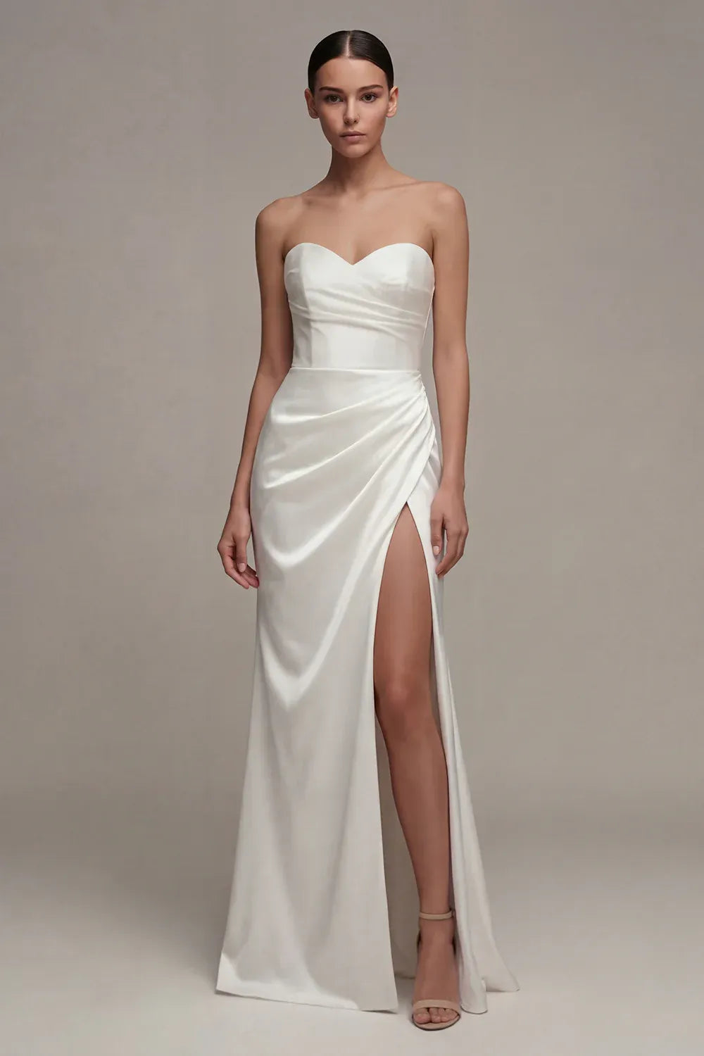 Vintage Strapless Sweetheart Satin Gown Sleeveless with Side Slit