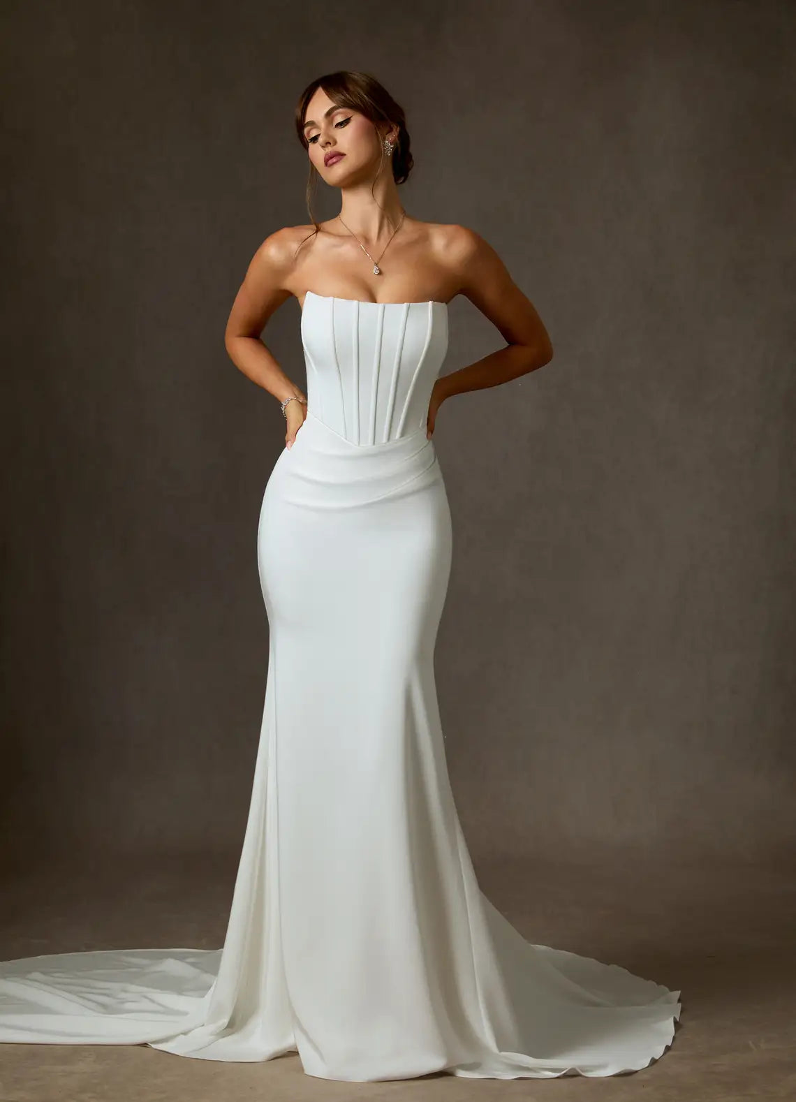 Strapless corset bodice with boning Strapless Corset Crepe Mermaid Wedding Dress with Button Back