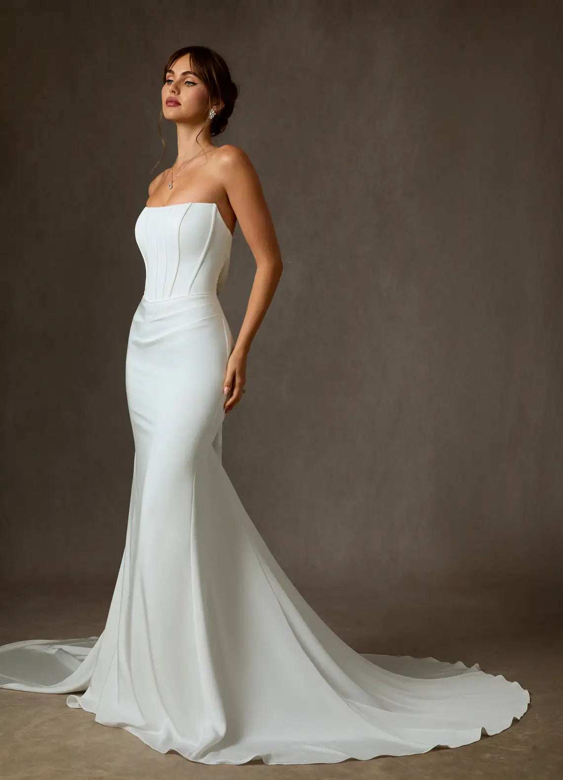 Strapless corset bodice with boning Strapless Corset Crepe Mermaid Wedding Dress with Button Back