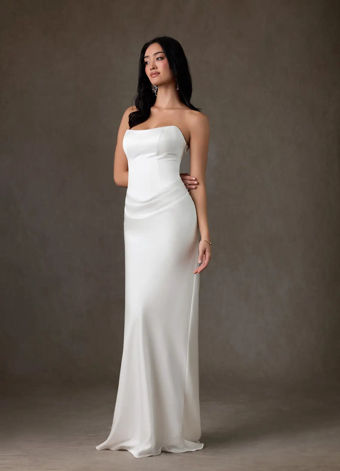 Strapless neckline with folded detail Strapless Satin Mermaid Wedding Dress with Detachable Scarf Detail