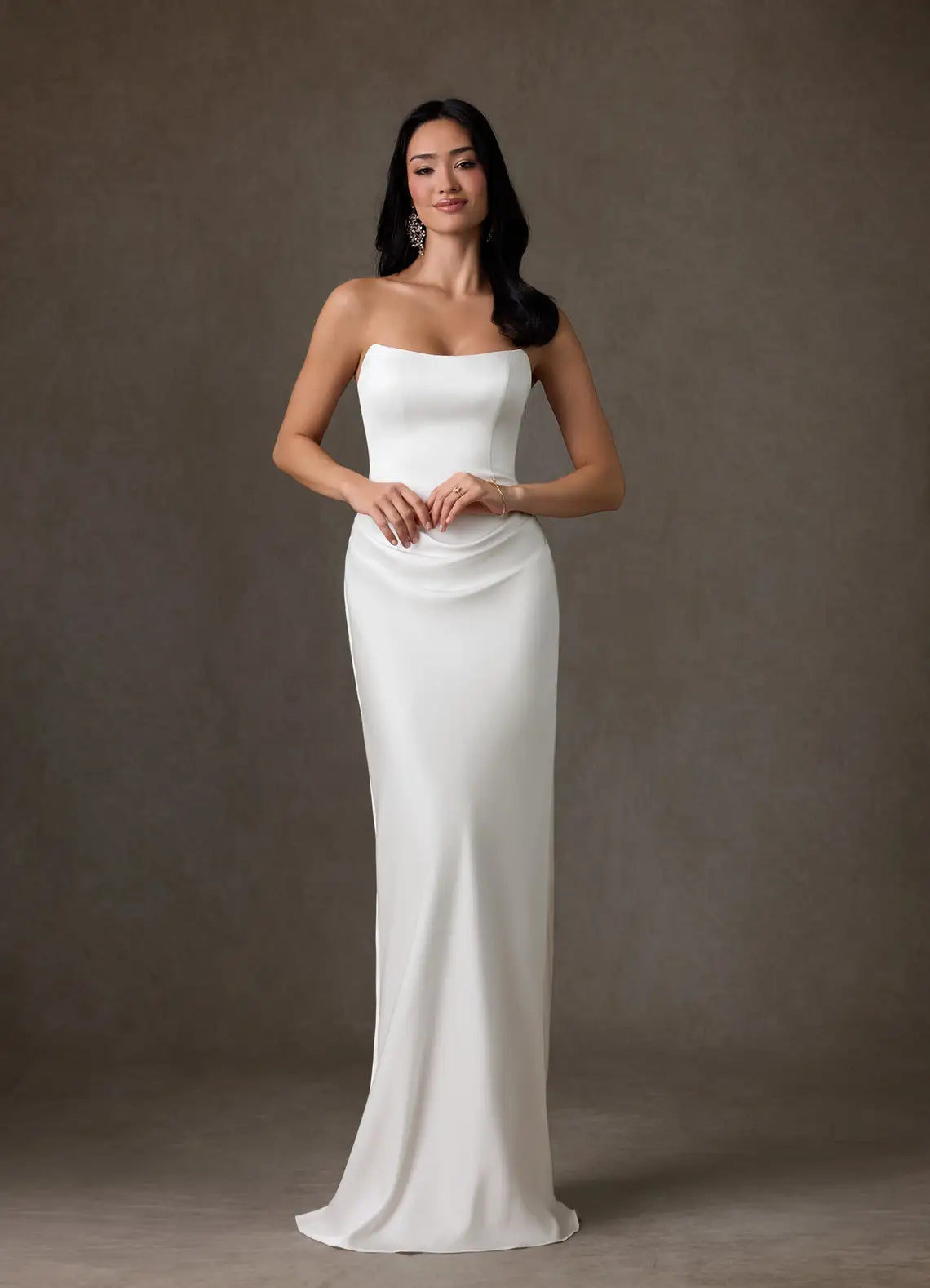Strapless neckline with folded detail Strapless Satin Mermaid Wedding Dress with Detachable Scarf Detail