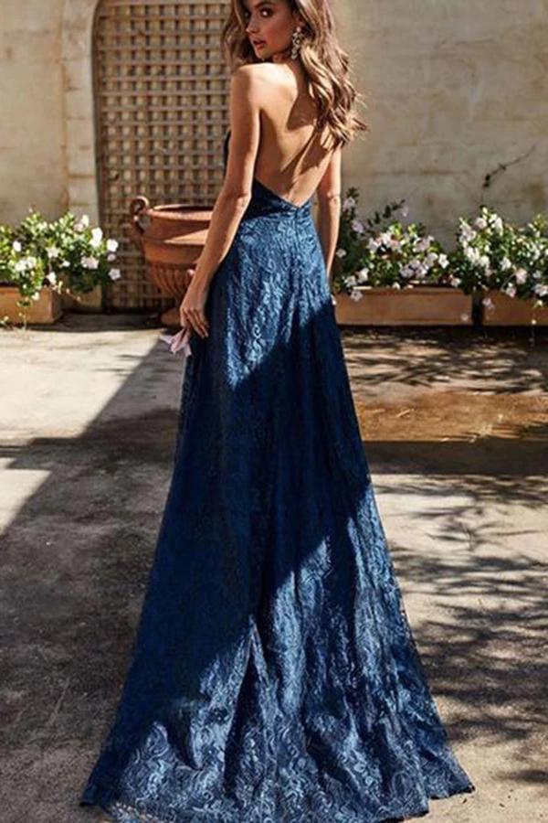Spaghetti Straps V Neck Lace Prom Dress with Split Side Backless Long Formal Dresses
