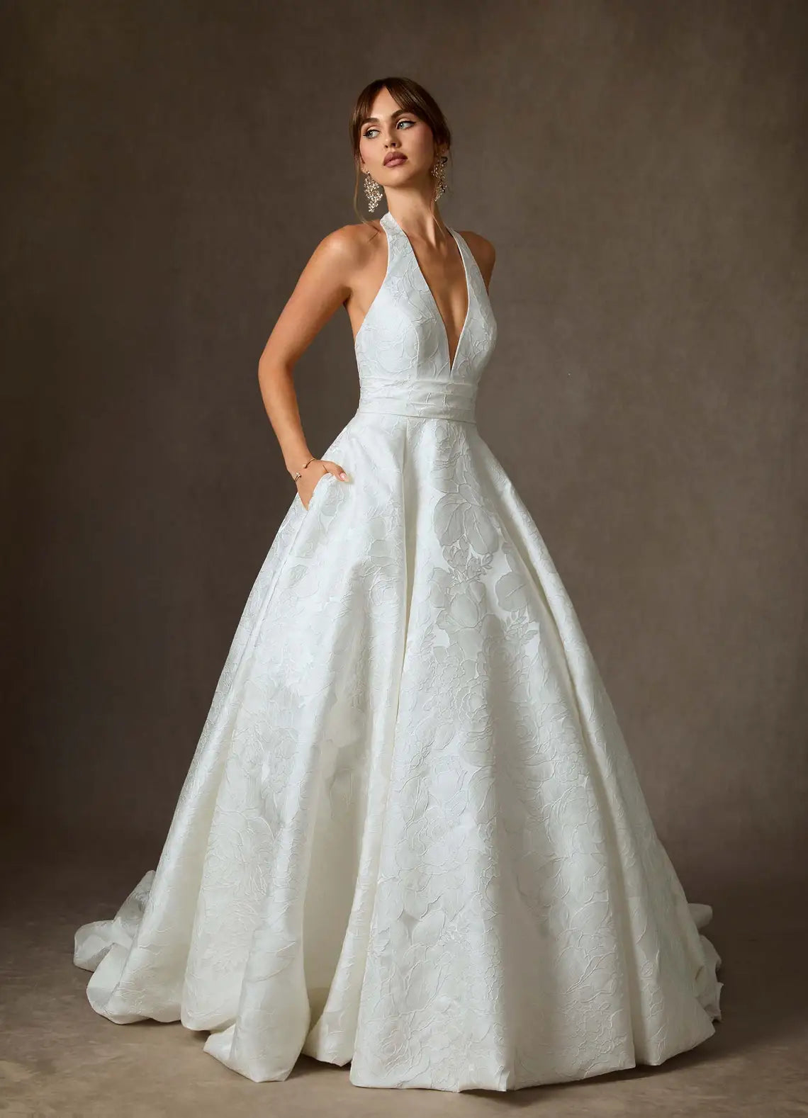 Structured bodice with defined waistband Halter Neck Floral Jacquard Ball Gown Wedding Dress with Pockets
