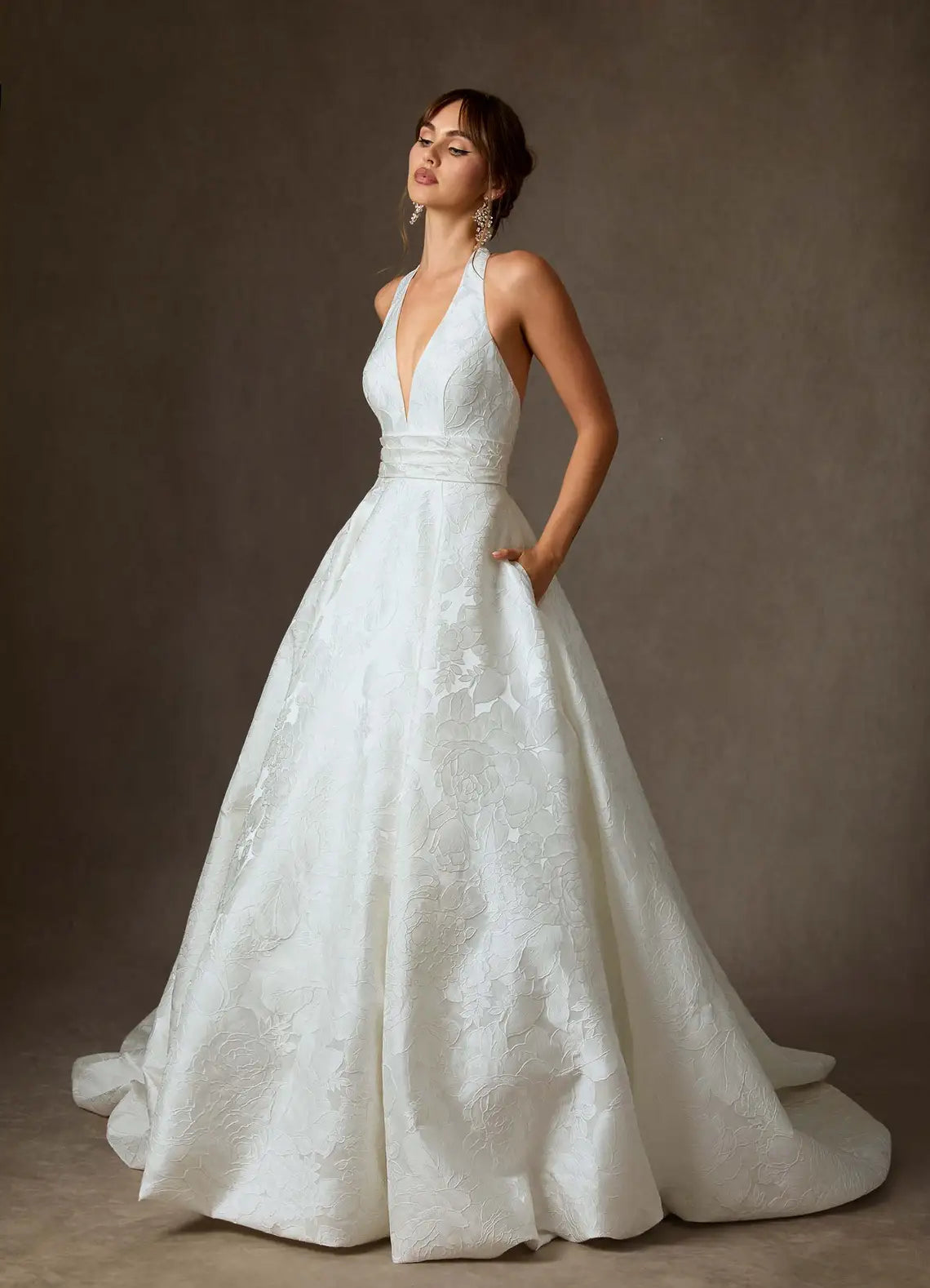 Structured bodice with defined waistband Halter Neck Floral Jacquard Ball Gown Wedding Dress with Pockets