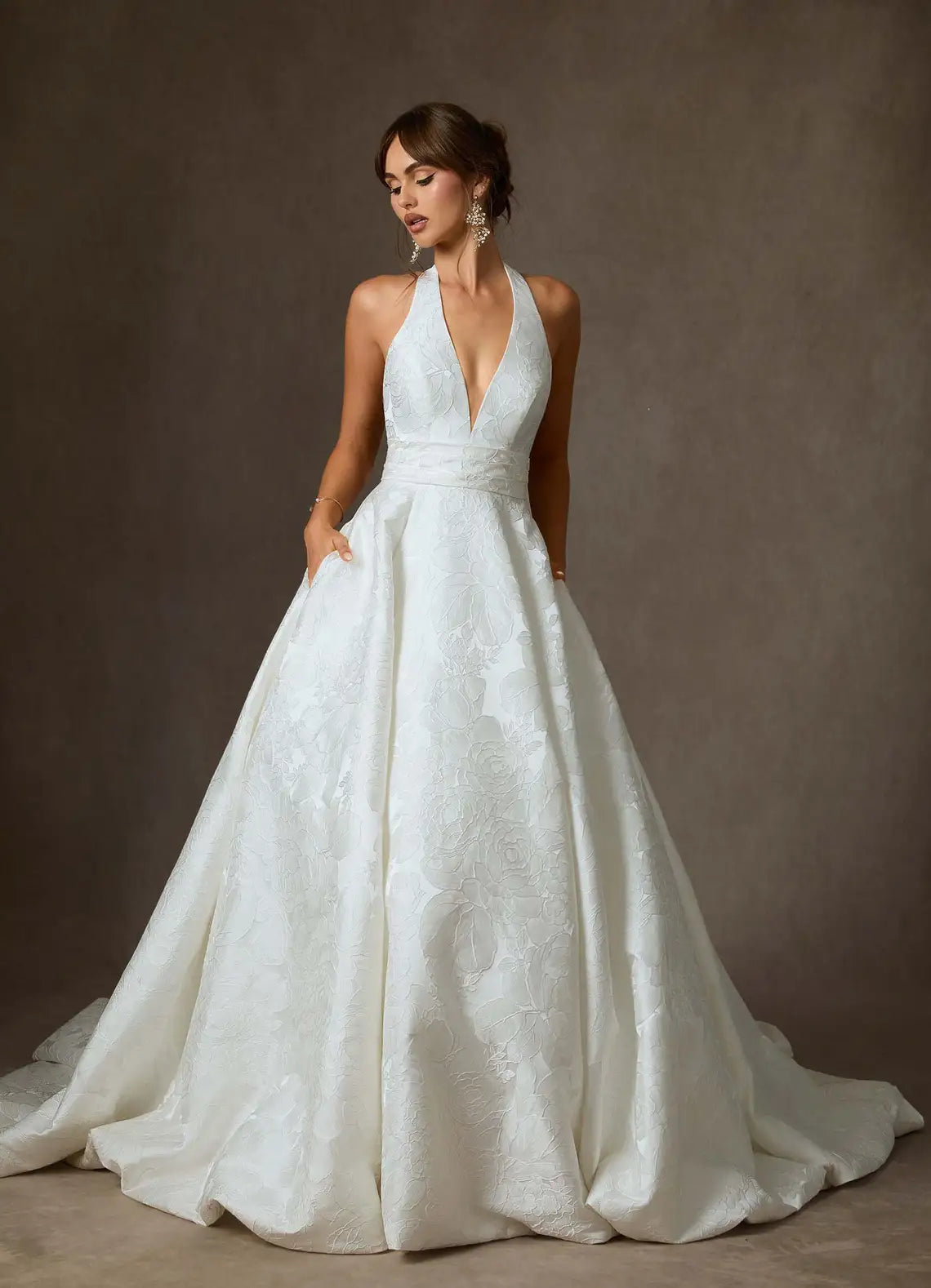 Structured bodice with defined waistband Halter Neck Floral Jacquard Ball Gown Wedding Dress with Pockets