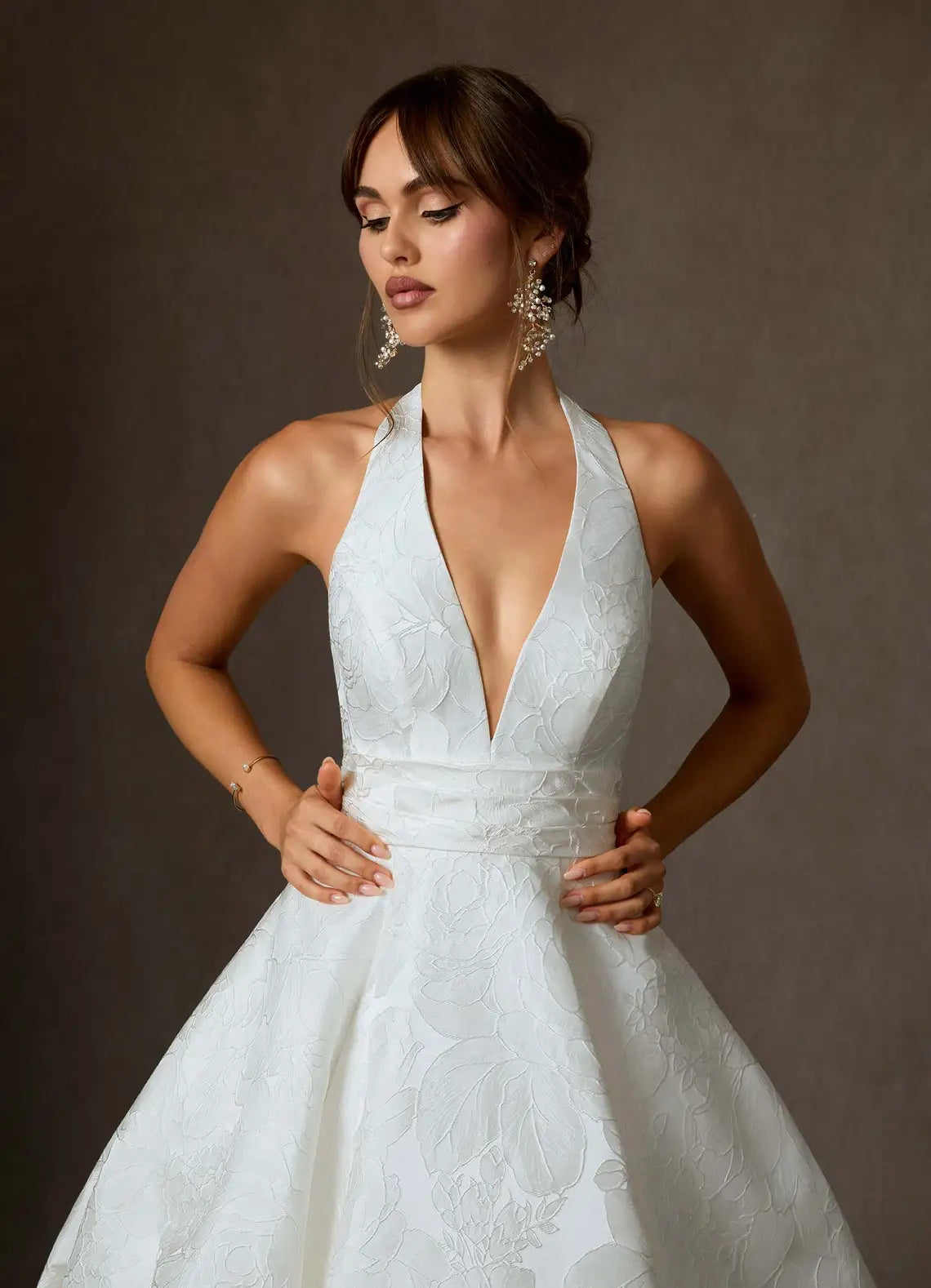 Structured bodice with defined waistband Halter Neck Floral Jacquard Ball Gown Wedding Dress with Pockets