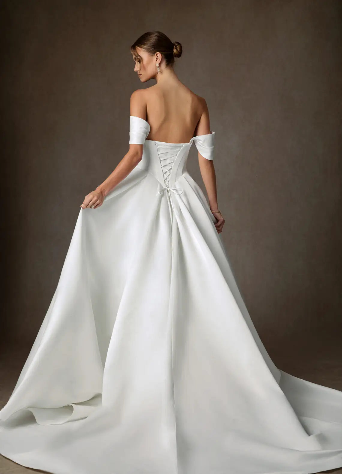 Structured corset lace-up back closure Off-the-Shoulder Satin Ball Gown Wedding Dress with Corset Back