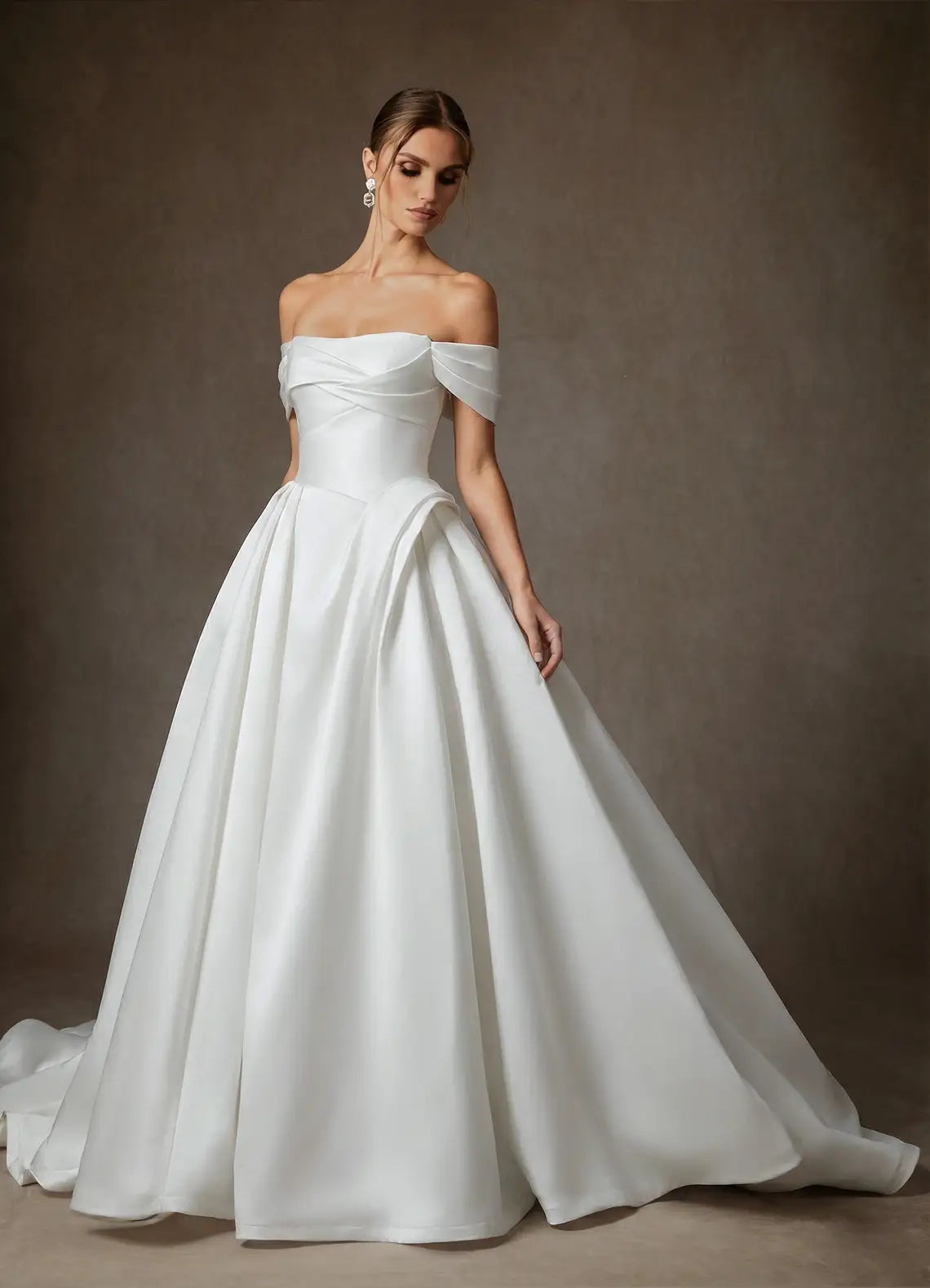 Structured corset lace-up back closure Off-the-Shoulder Satin Ball Gown Wedding Dress with Corset Back