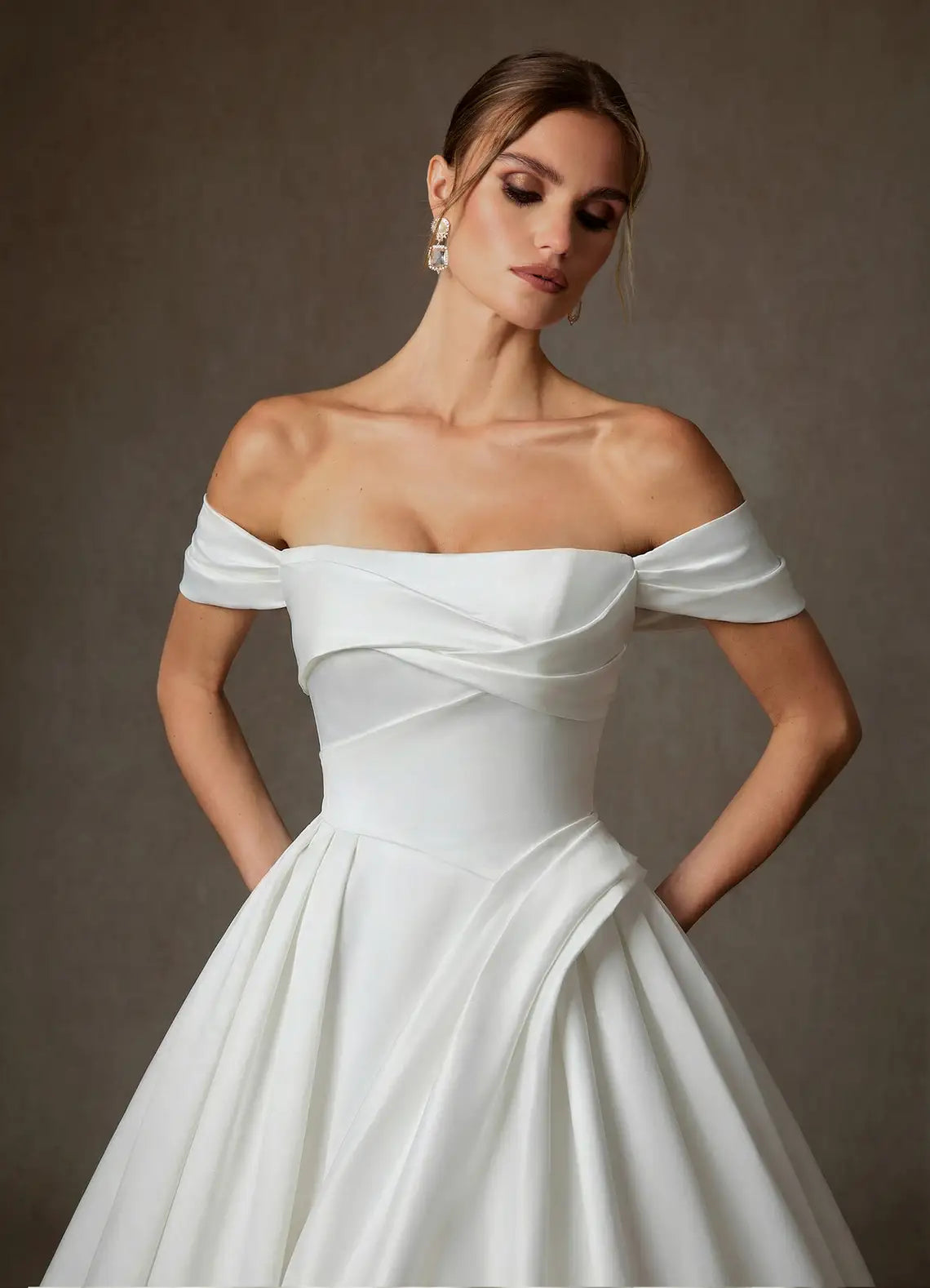 Structured corset lace-up back closure Off-the-Shoulder Satin Ball Gown Wedding Dress with Corset Back