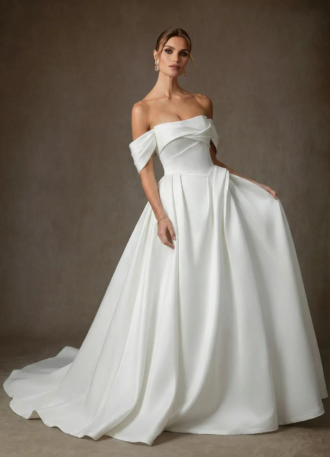 Structured corset lace-up back closure Off-the-Shoulder Satin Ball Gown Wedding Dress with Corset Back