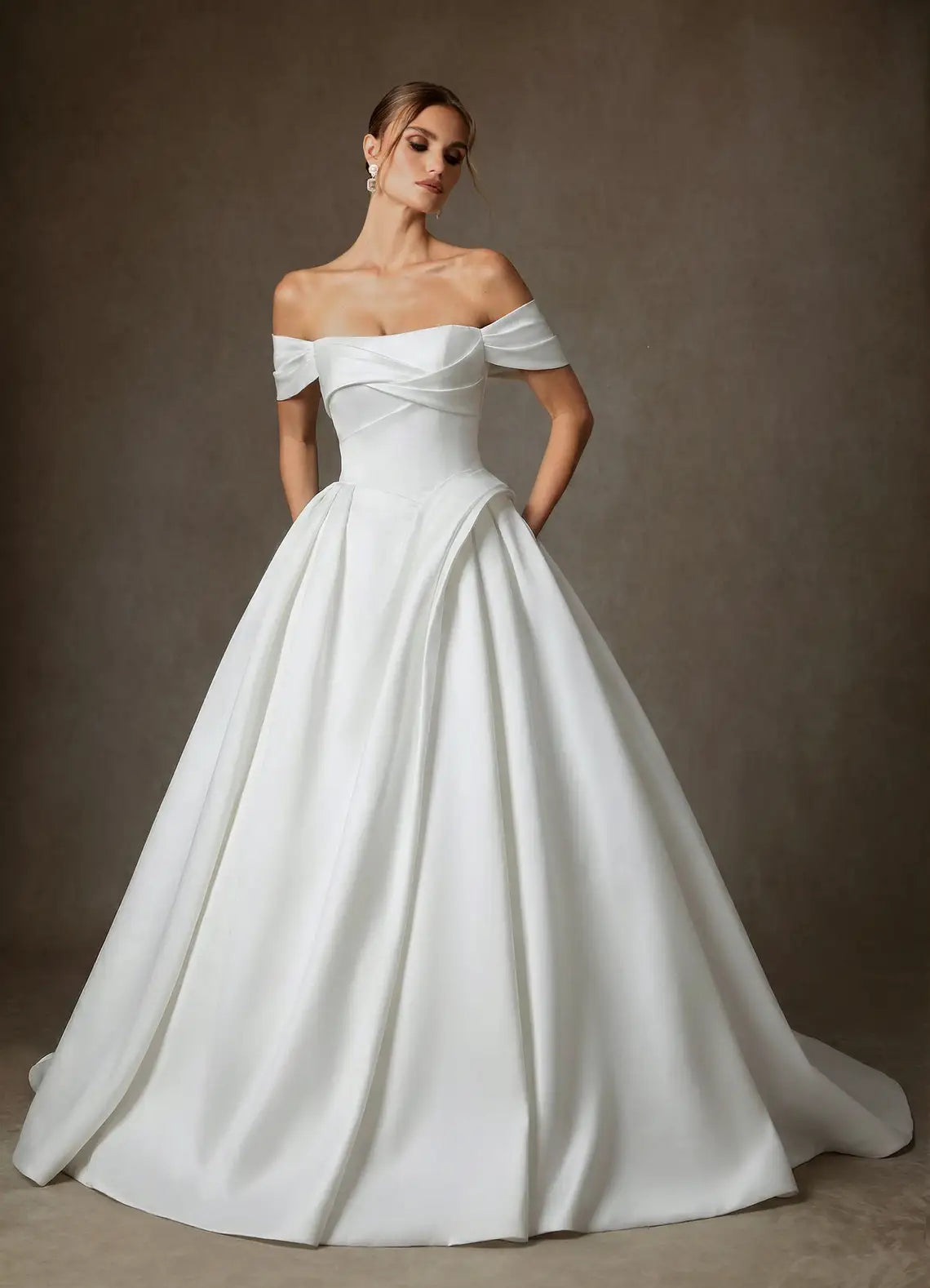 Structured corset lace-up back closure Off-the-Shoulder Satin Ball Gown Wedding Dress with Corset Back