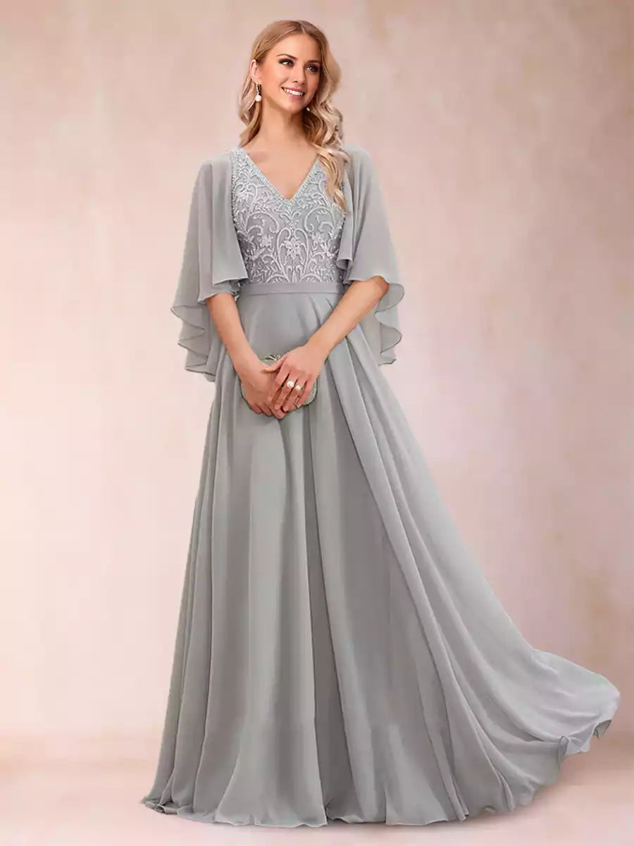 Stunning A-line/Princess V-neck half sleeved applique ruffle Mother of the Bride Dresses
