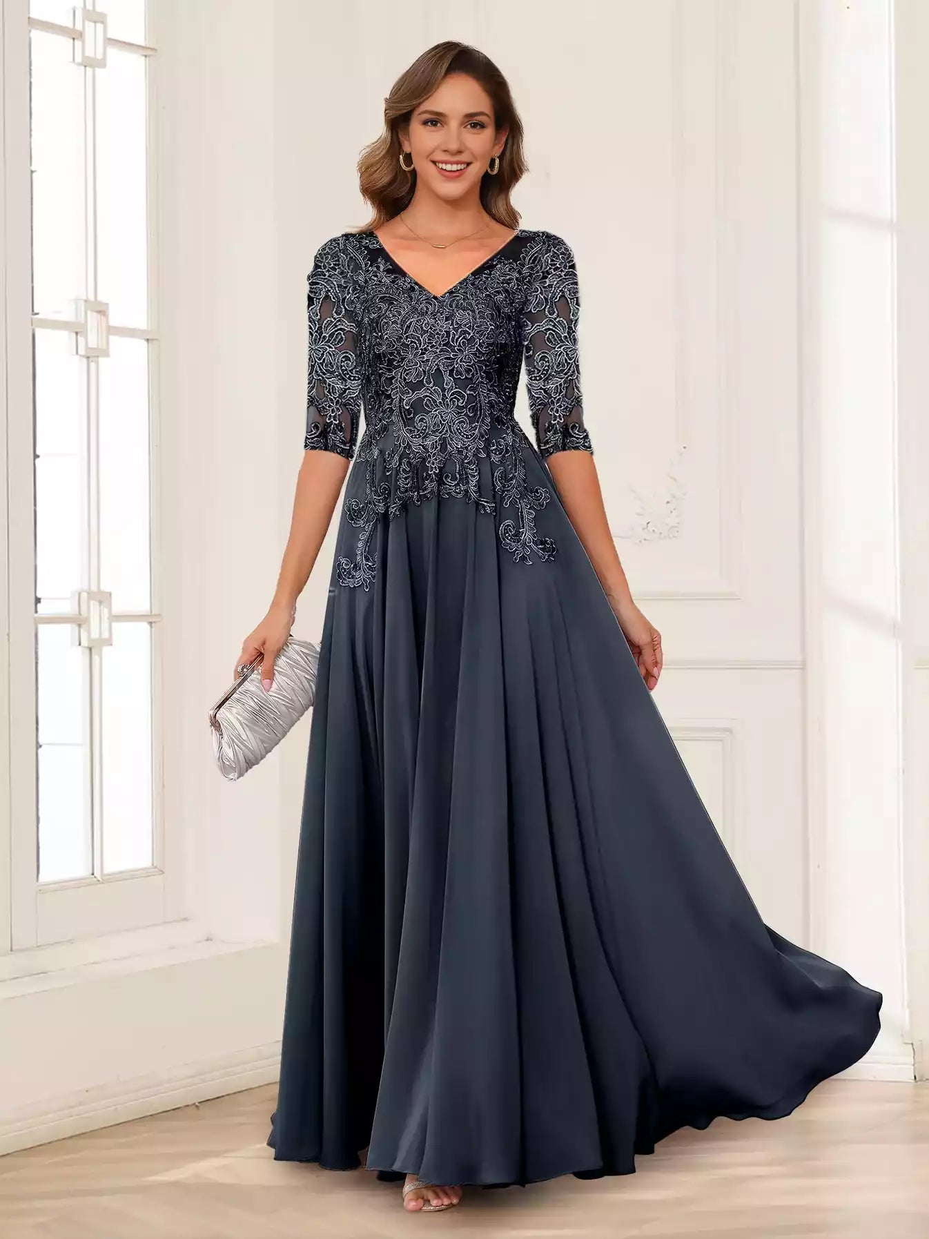 Stunning A-line/Princess V-neck long sleeved chiffon decal Mother of the Bride Dresses
