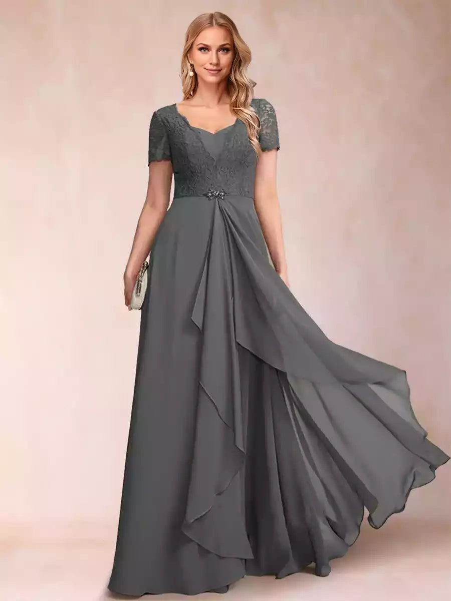 Stunning A-line/Princess V-neck short sleeved applique chiffon ruffle Mother of the Bride Dresses