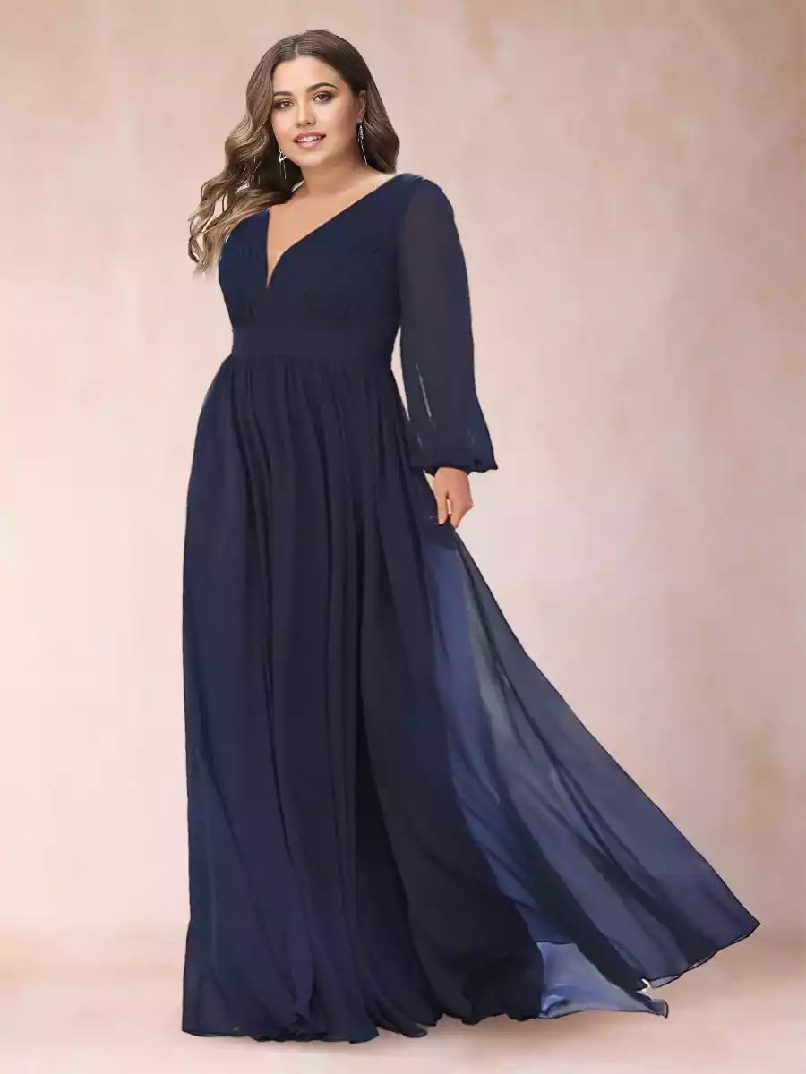 Stunning A-line/Princess Wind and Snow Spinning V-neck Long Sleeve Large Hemp Mother of the Bride Dresses