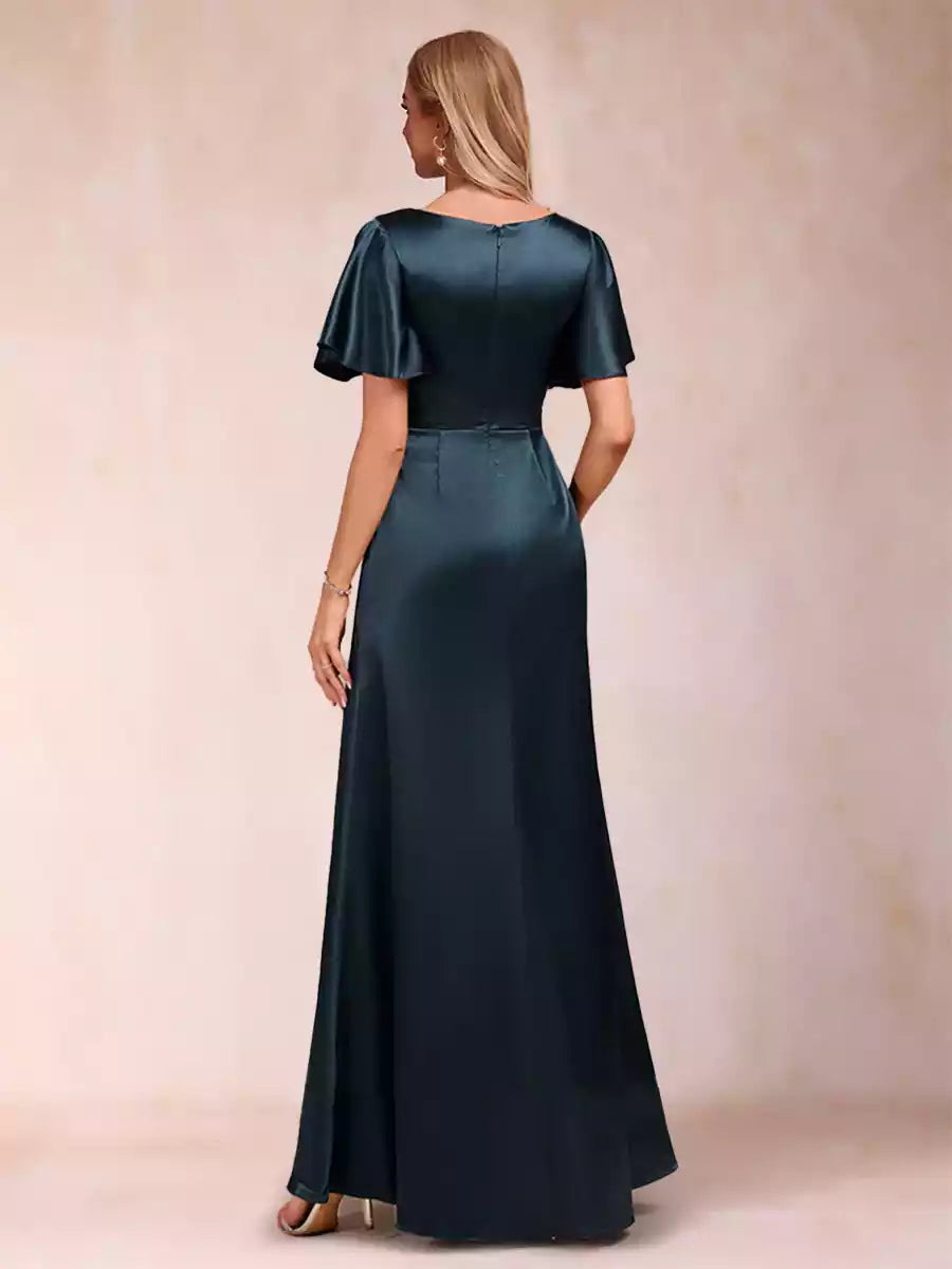 Stunning A-line/Princess style V-neck short sleeved and ankle ruffled bead belt Mother of the Bride Dresses