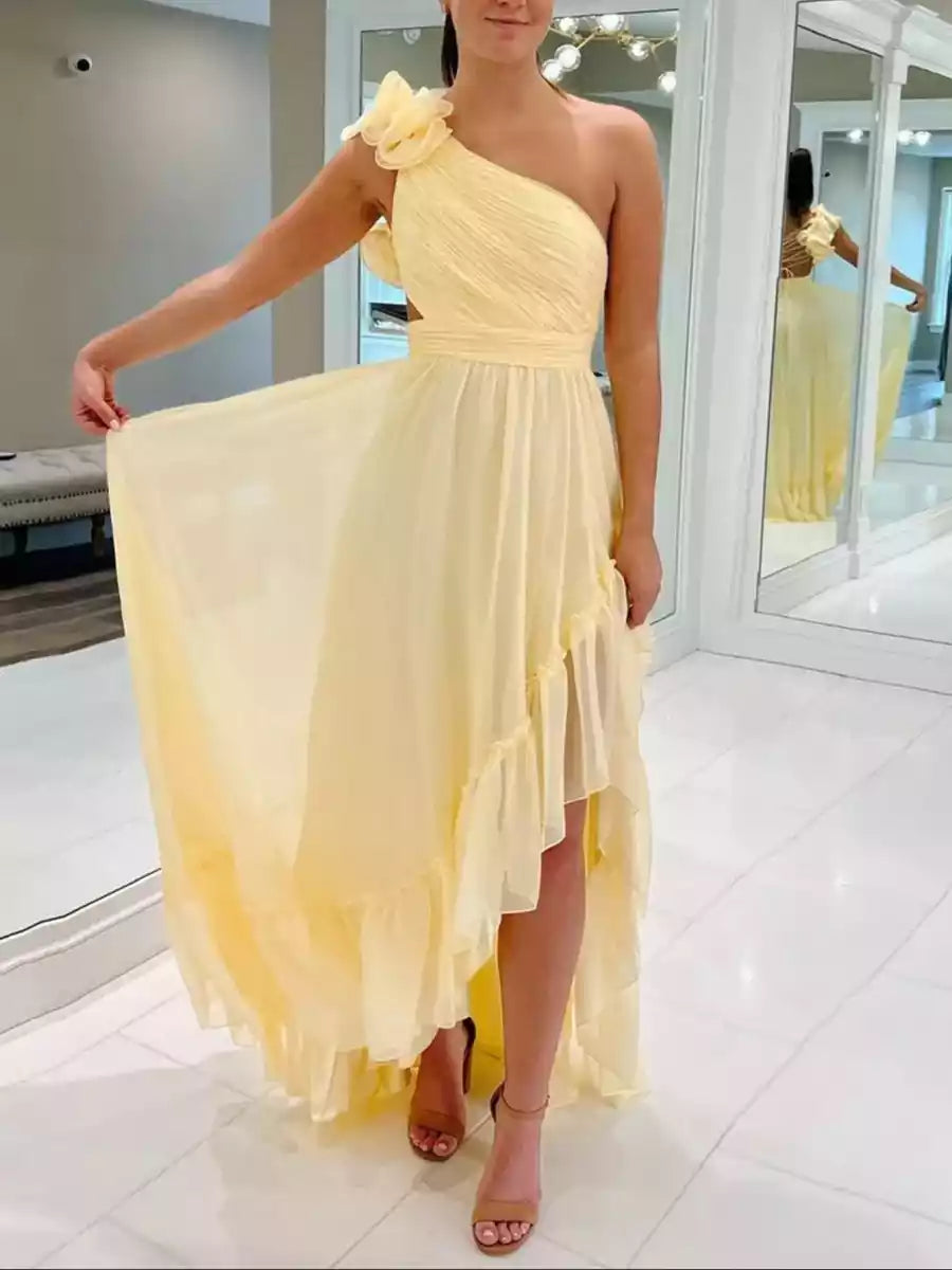 Stunning A-line chiffon asymmetrical shoulder collar with sleeveless ruffle edge, slit tie back Prom Dresses